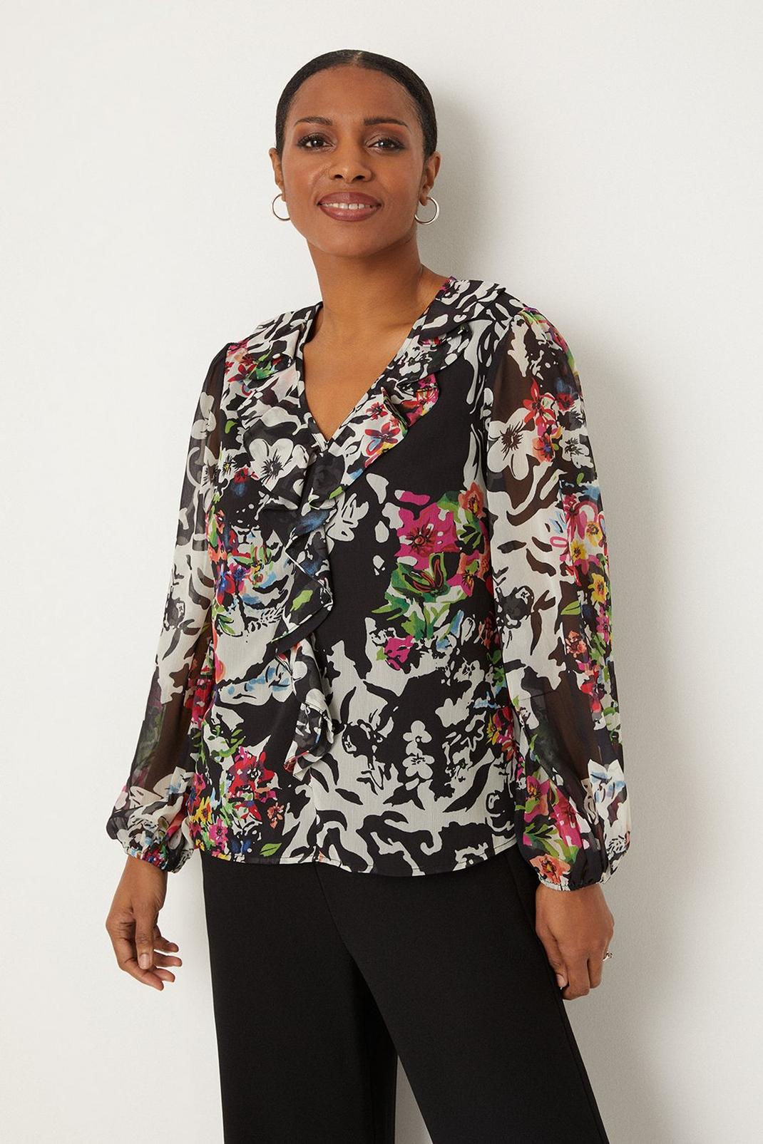 Black Colourful Floral Ruffle Top image number 1