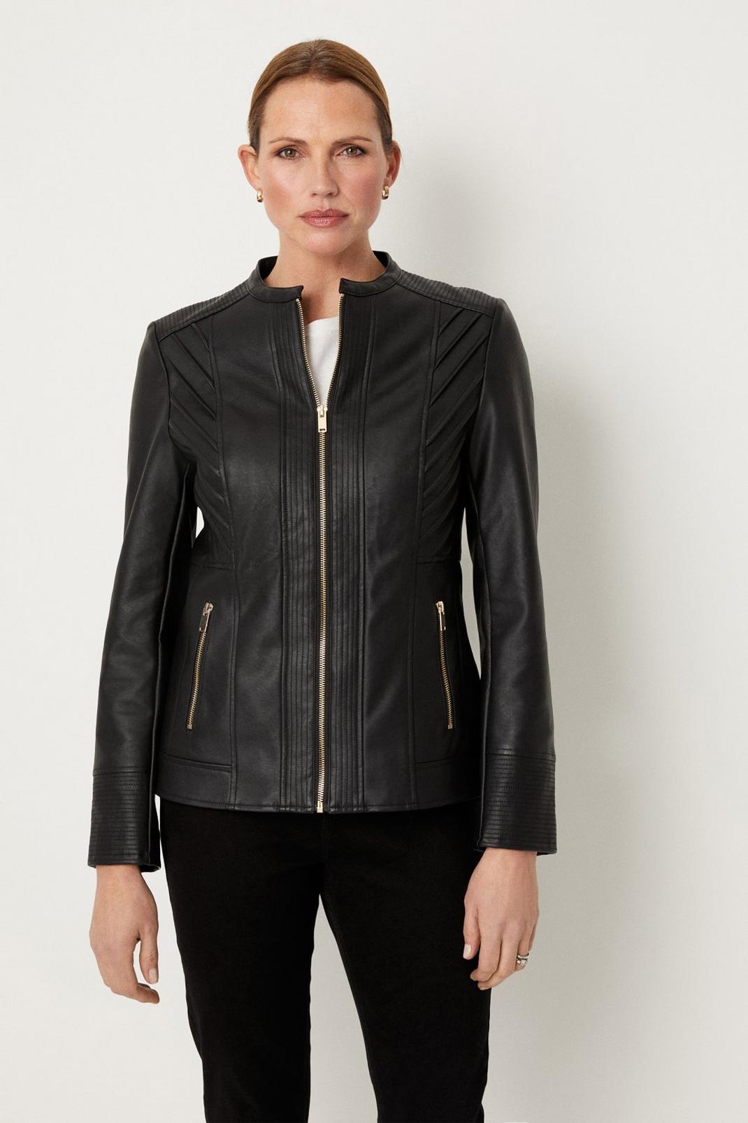 Black Collarless Faux Leather Zip Front Jacket image number 1