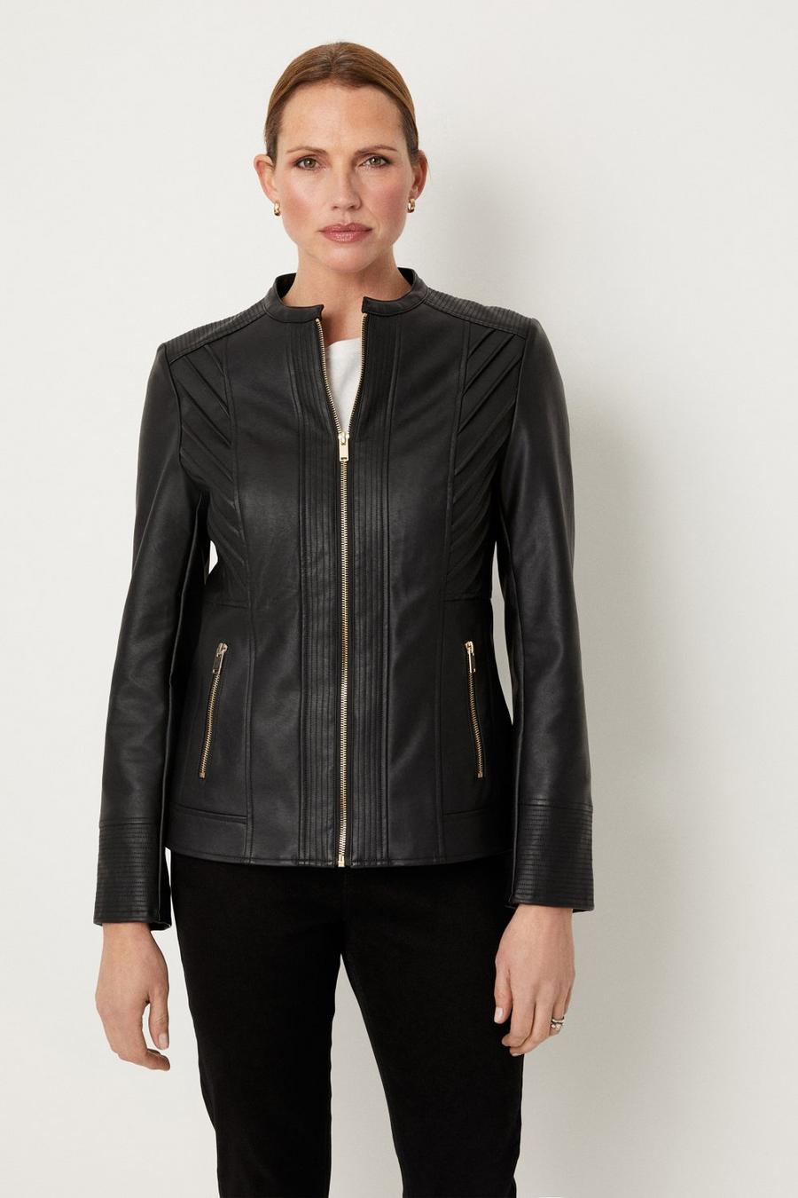 Black Collarless Faux Leather Zip Front Jacket