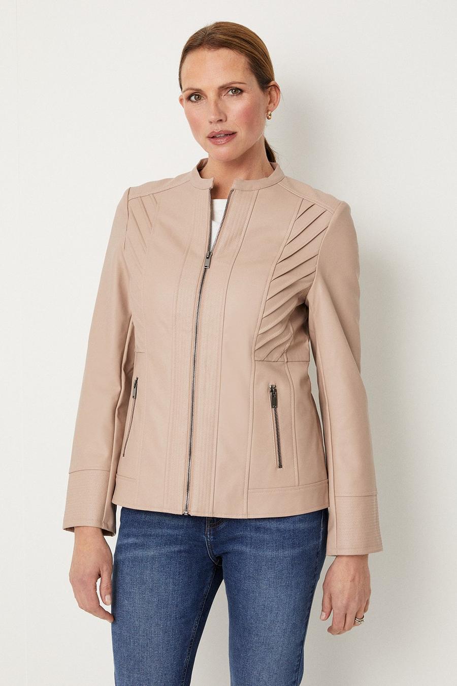 Mink Collarless Faux Leather Zip Front Jacket