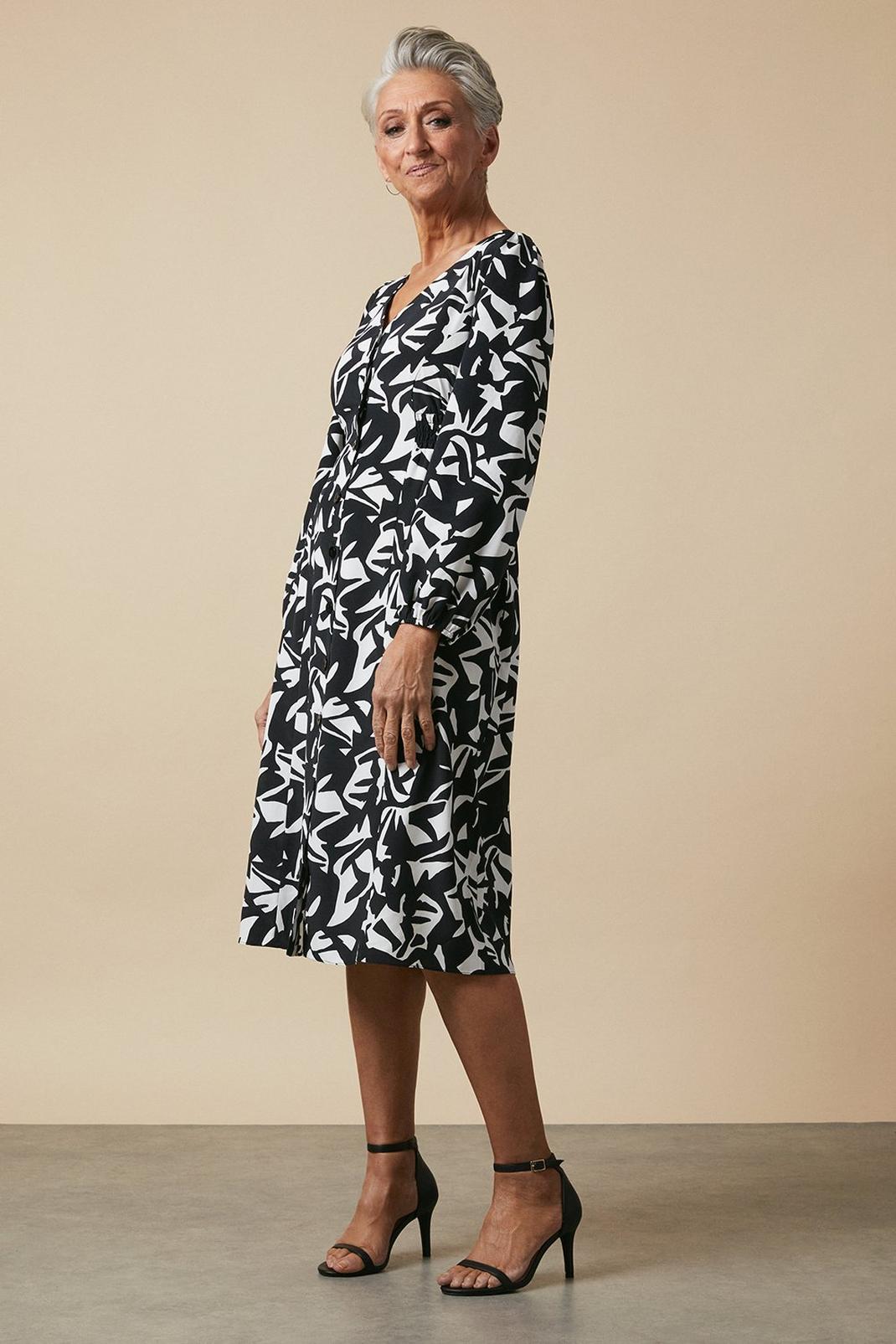 Petite Mono Abstract Button Down Midi Dress image number 1