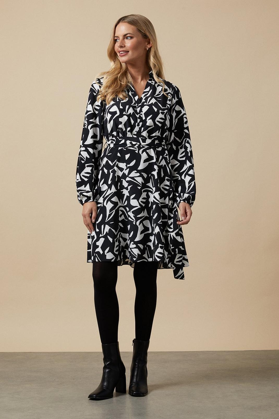 Petite Mono Abstract Belted Mini Shirt Dress image number 1