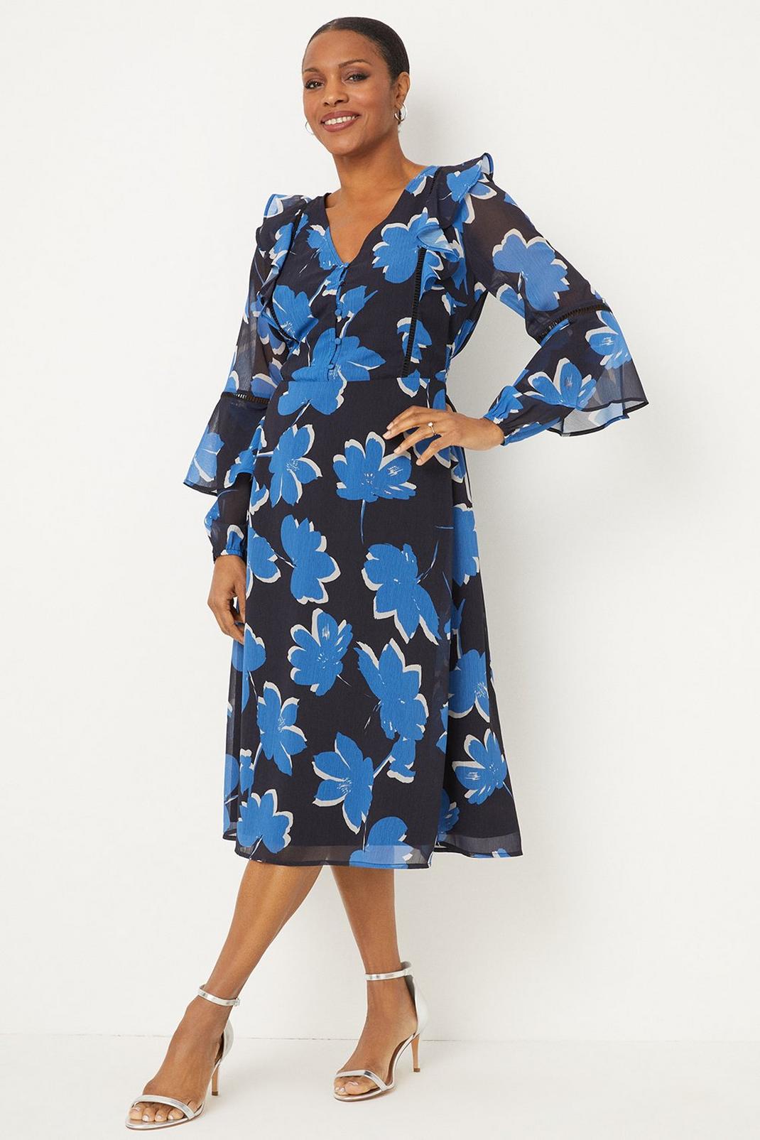 Navy Stencil Floral Ruffle Flute Sleeve Midi Dress image number 1
