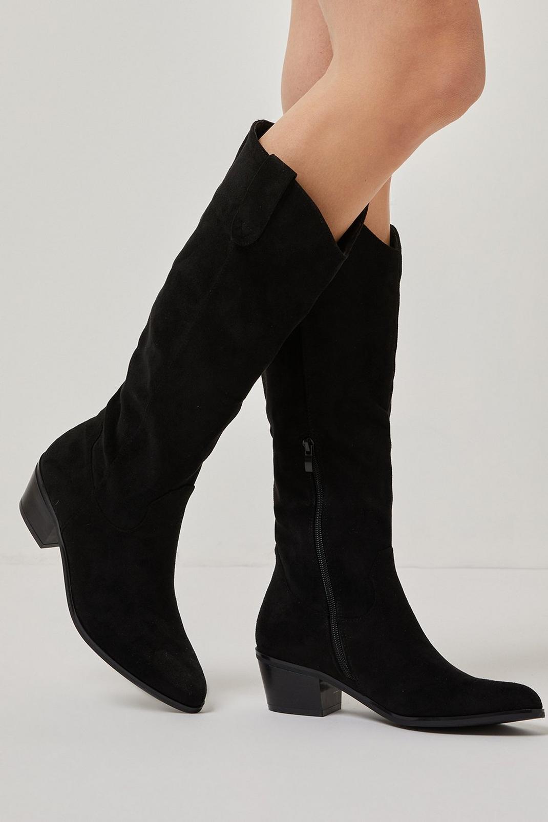 Black Harriet Western Detail Low Heel Knee High Boots image number 1