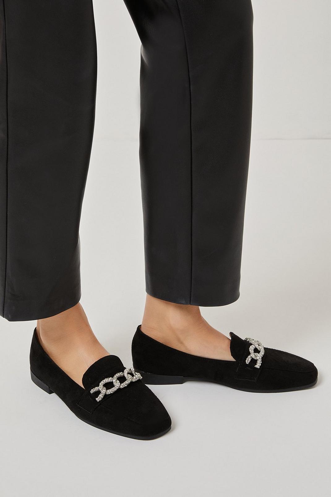 Black Lina Diamante Chain Detail Square Toe Soft Loafers image number 1