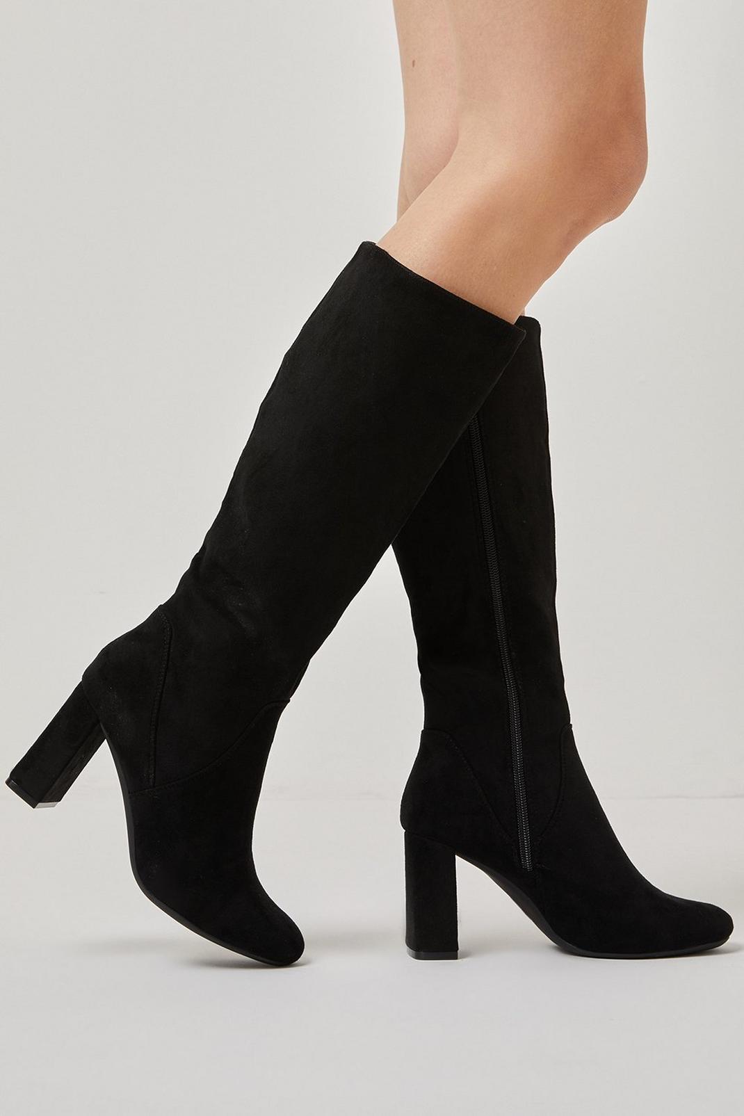 Black Hazel Almond Toe Block Heel Knee High Boots image number 1