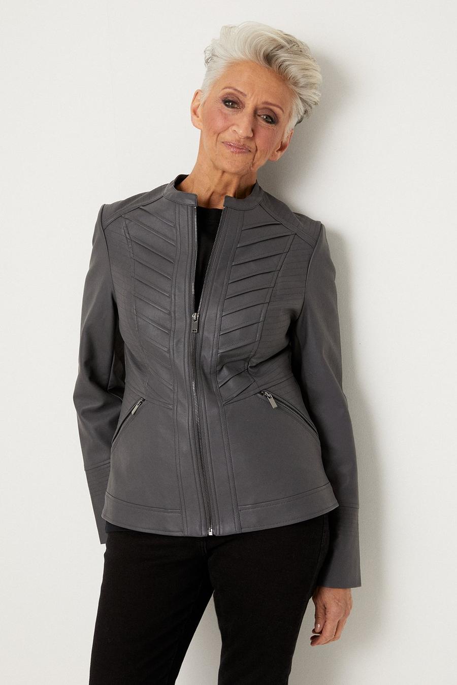 Petite Dark Grey Faux Leather Pleat Detail Zip Front Jacket