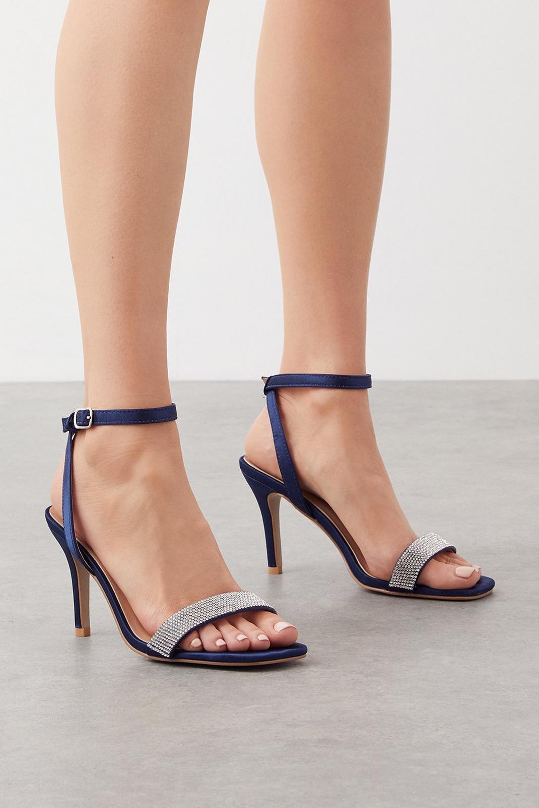 Navy Wide Fit Sasha Diamante Detail Two Part Heeled Sandals image number 1