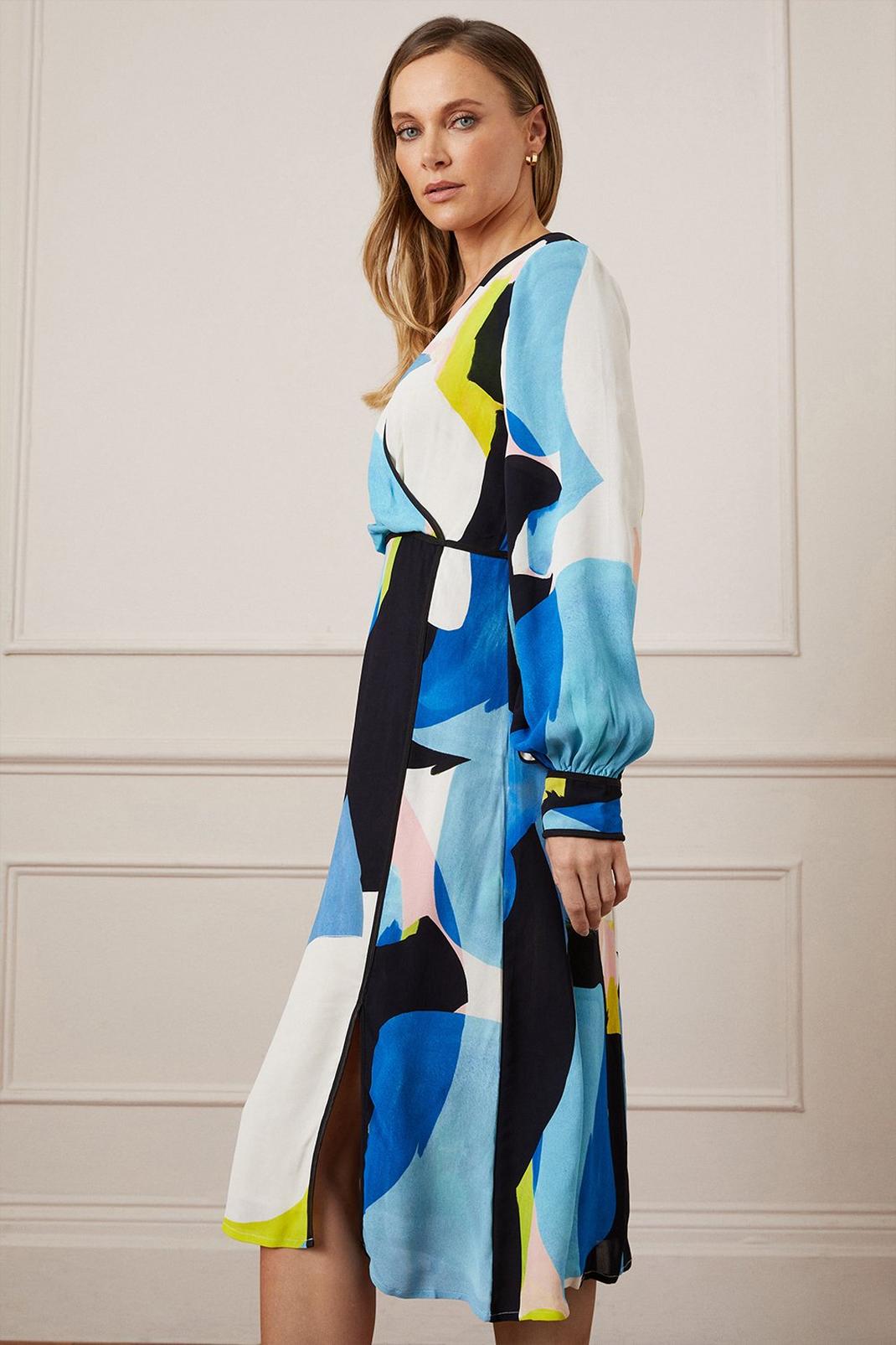 Blue Abstract Print Piping Detail Midi Dress image number 1