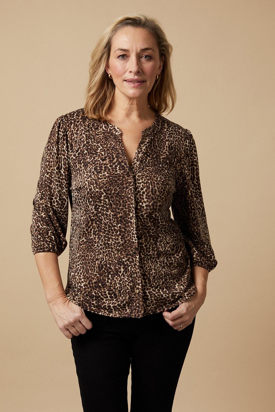 Natural Leopard Button Through Jersey Top image number 1