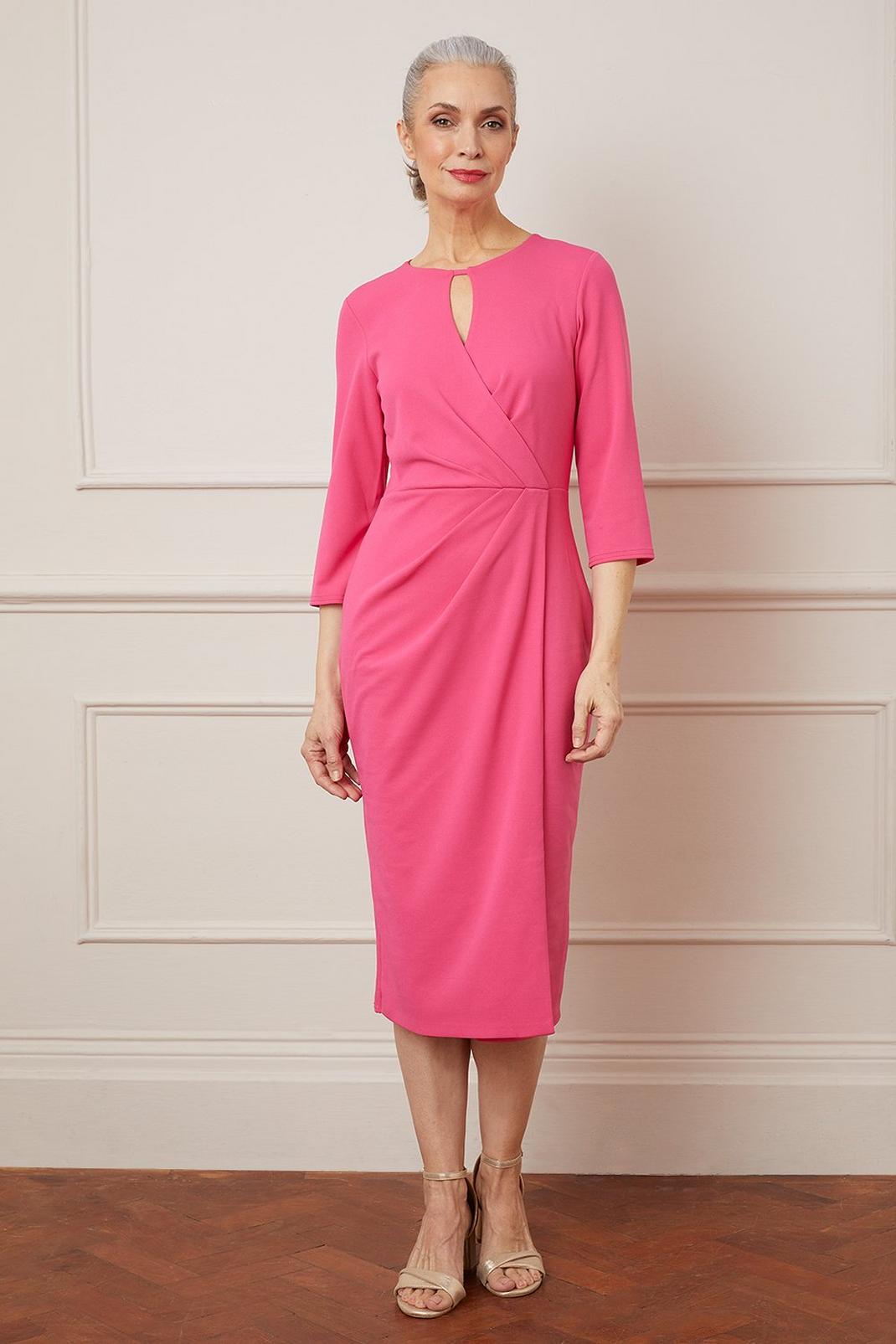 Pink Crepe Keyhole Puff Sleeve Midi Dress image number 1