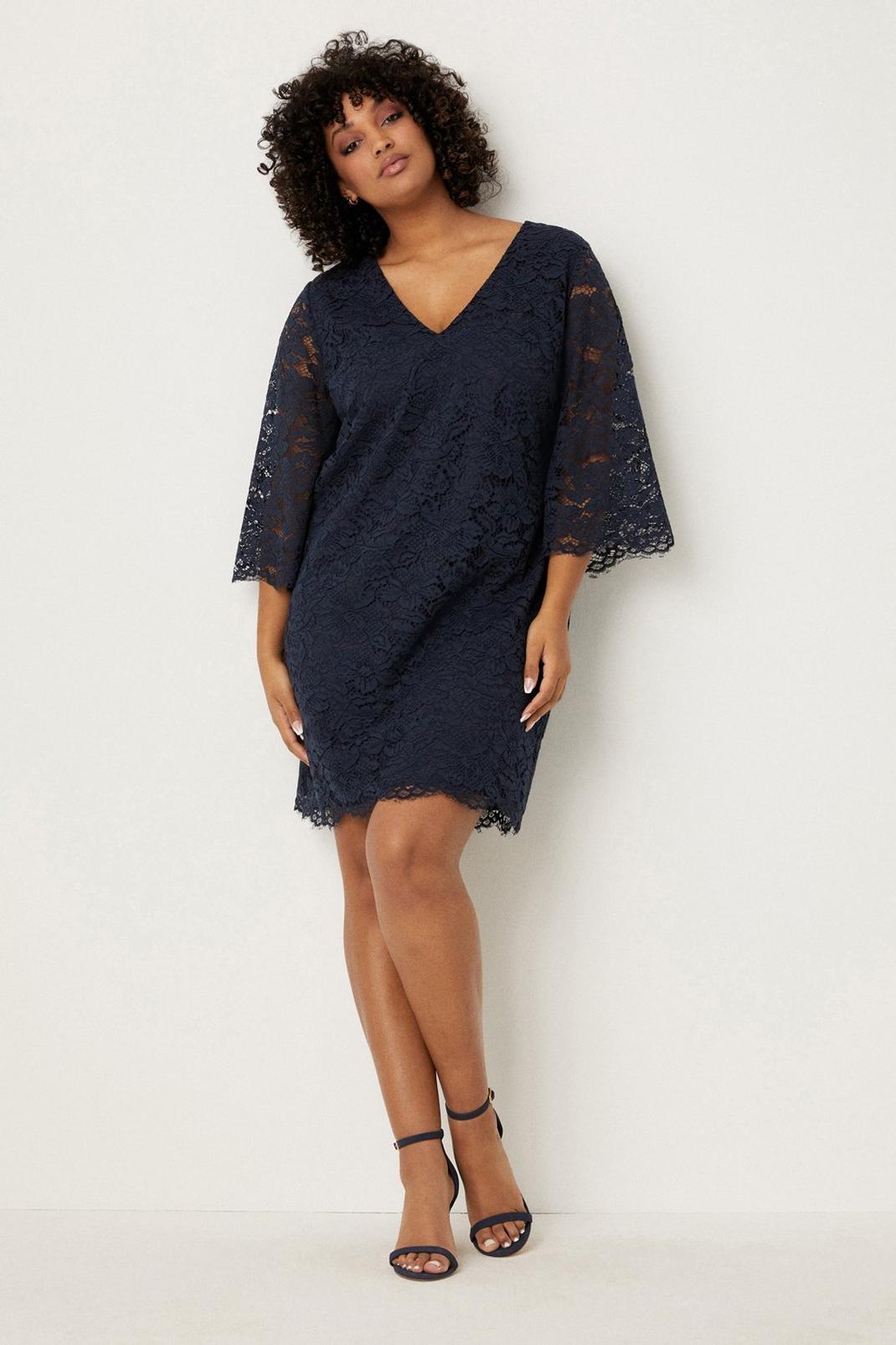 Navy Curve Lace 3/4 Sleeve Shift Dress image number 1