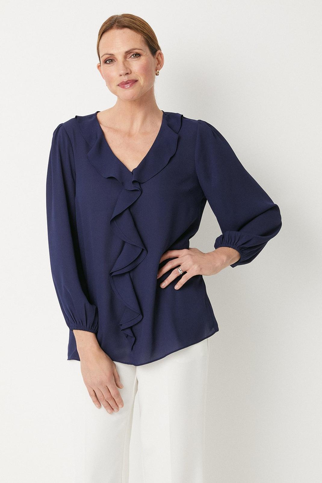 Navy Ruffle Front Blouse image number 1