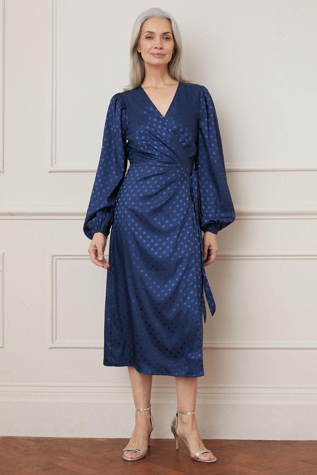 Blue Jacquard Spot Wrap Midi Dress image number 1