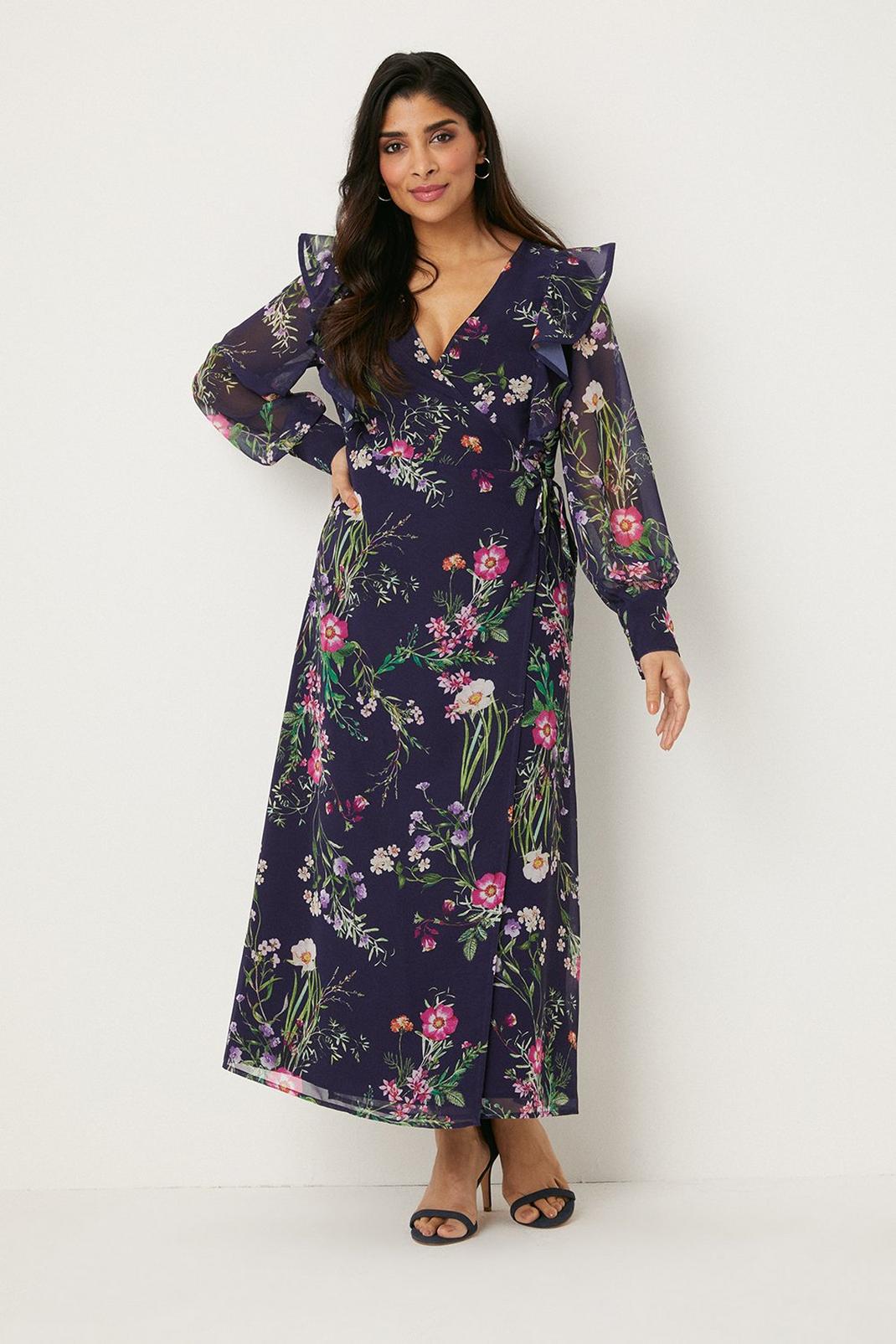 Petite Navy Floral Ruffle Front Wrap Midi Dress image number 1