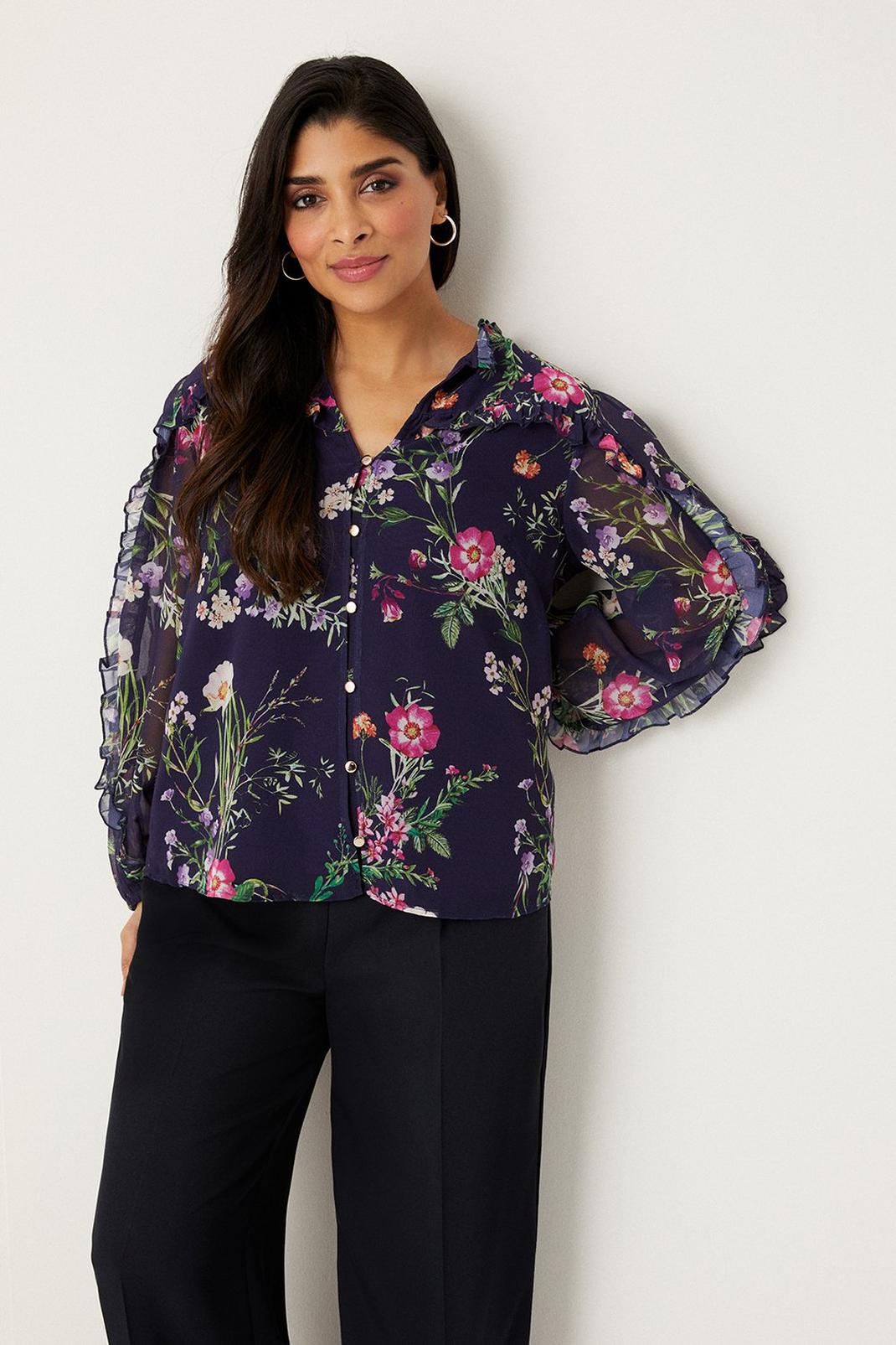 Petite Navy Floral Frill Detail Blouse image number 1