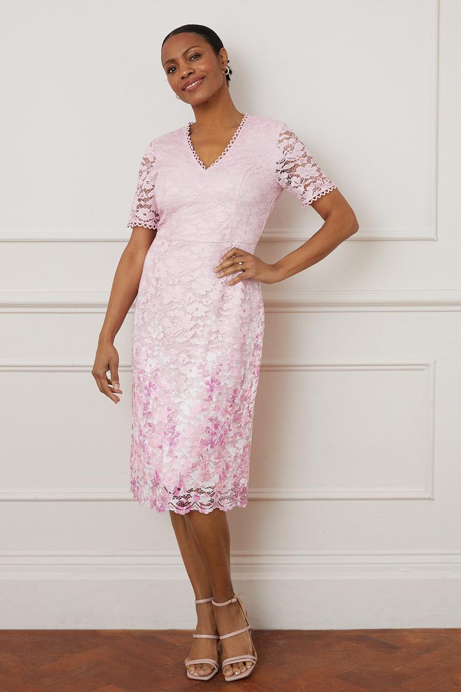 Printed Lace Short Sleeve Midi Dress