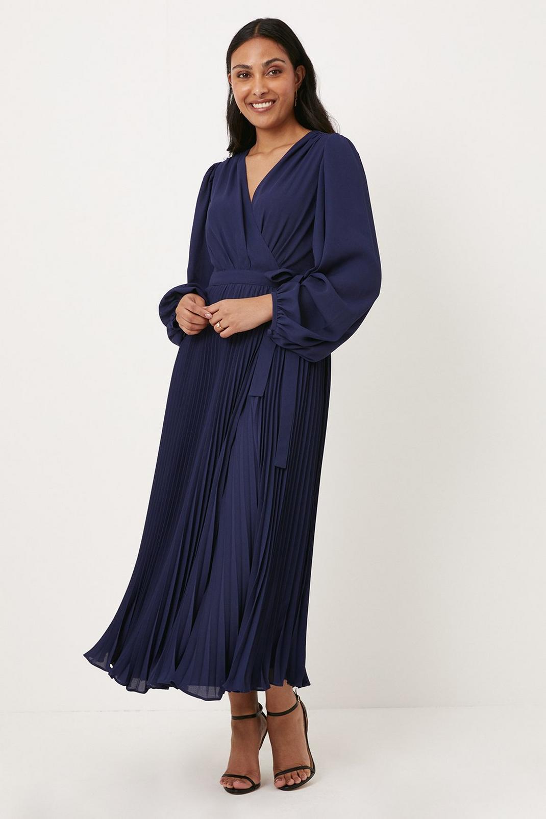 Navy Petite Pleated Wrap Maxi Dress image number 1