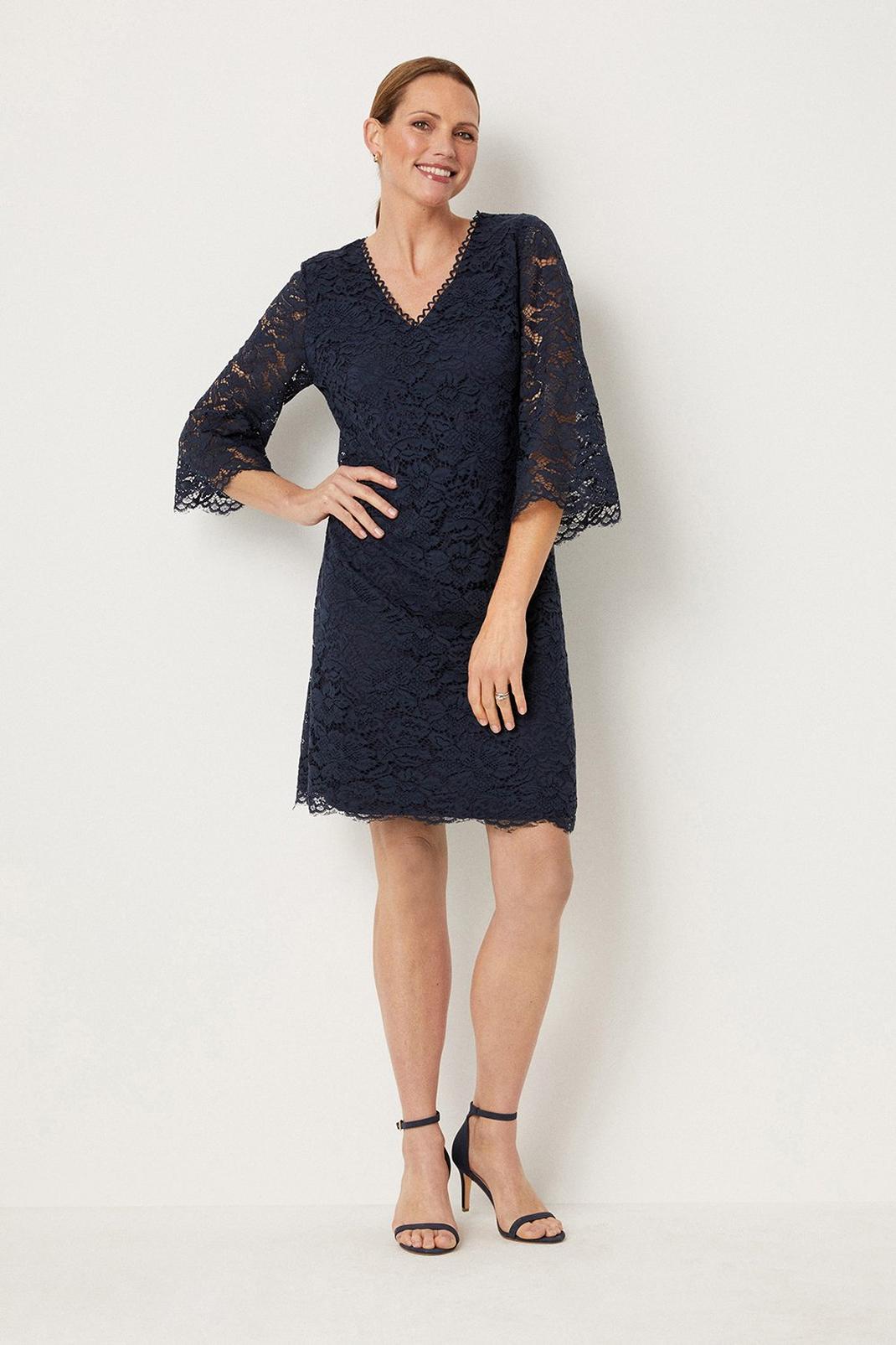 Navy Tall Lace 3/4 Sleeve Shift Dress image number 1