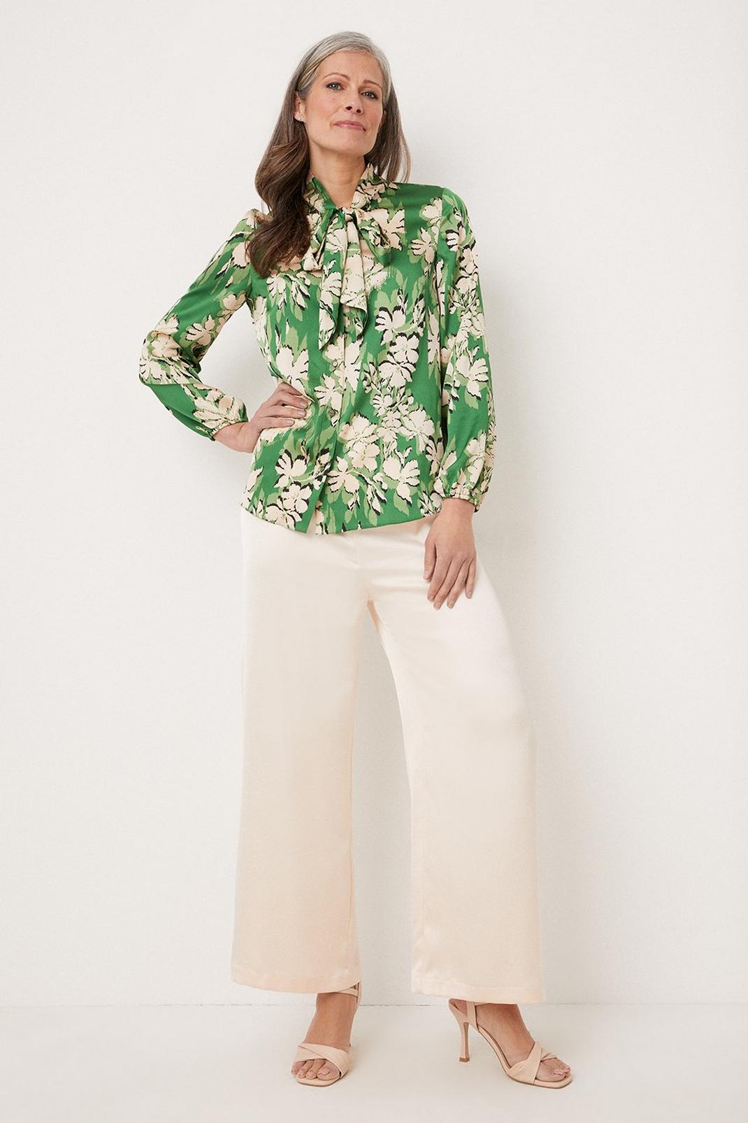 Green Stencil Floral Tie Neck Blouse image number 1