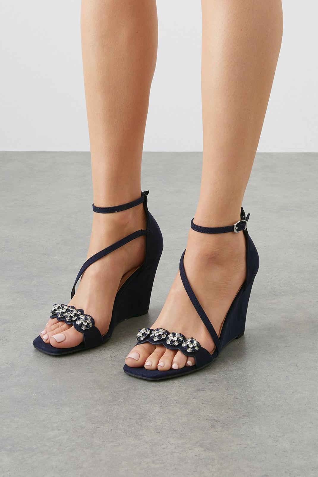 Dark navy Cecelia Jewel Detail Asymmetric Strap Wedge Sandals image number 1