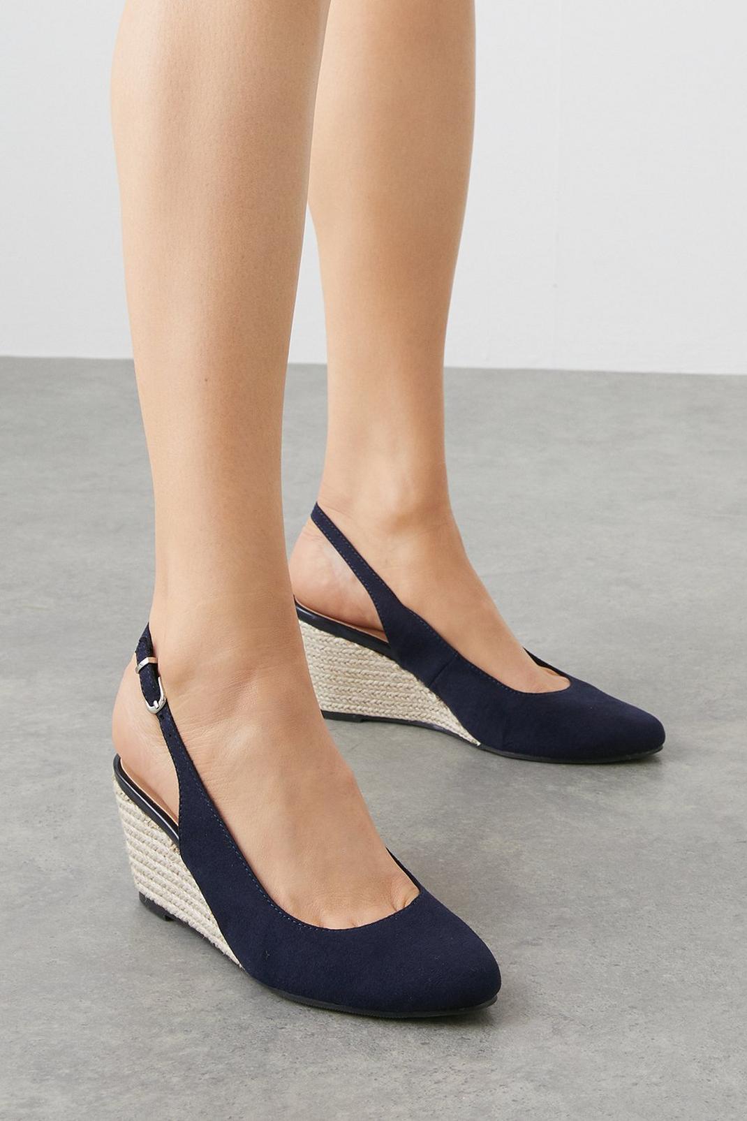 Dark navy Rose Slingback Almond Toe Low Espadrille Wedge Courts image number 1