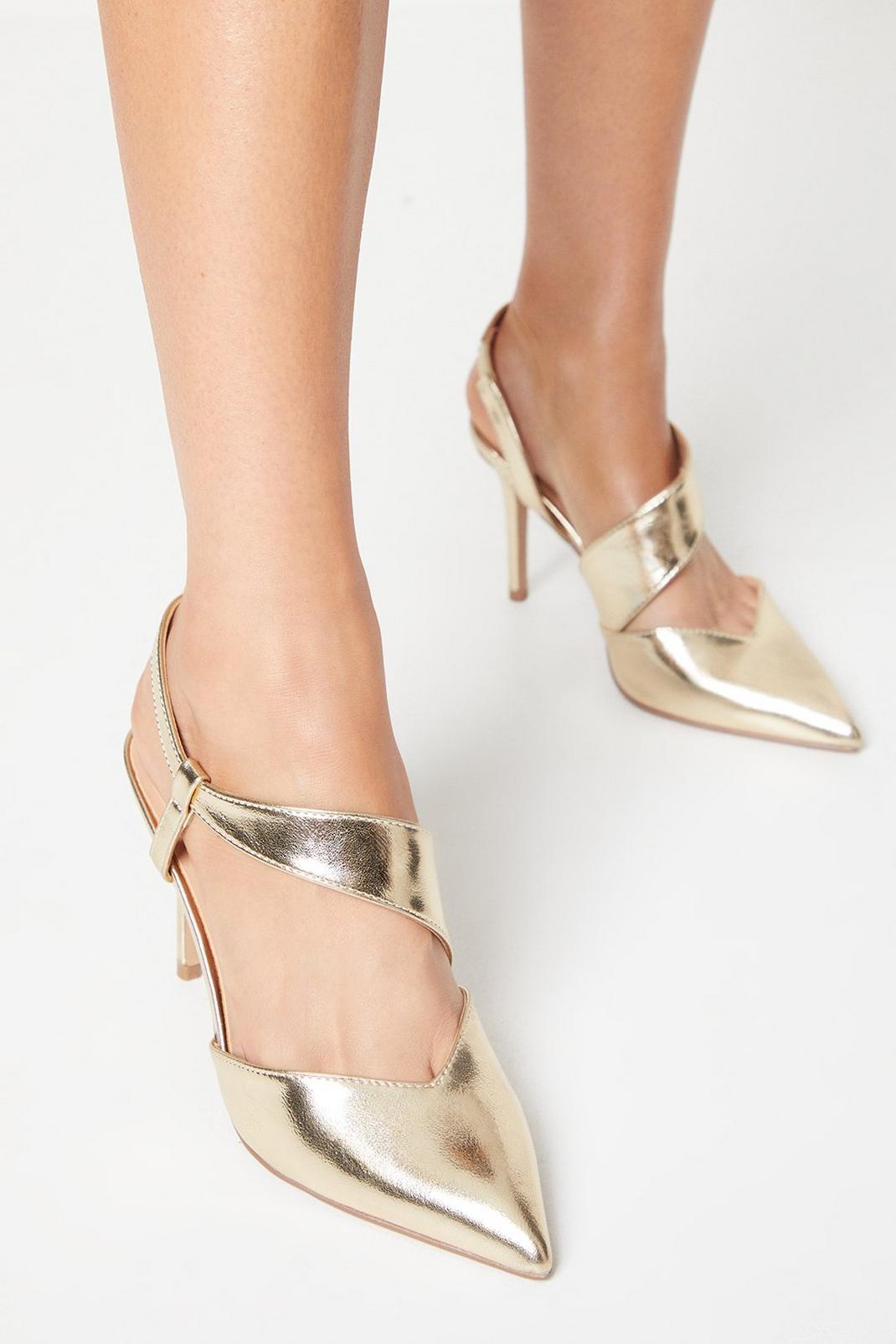 Gold Wide Fit Evie Asymmetric Strap Detail Pointed Court Shoes image number 1