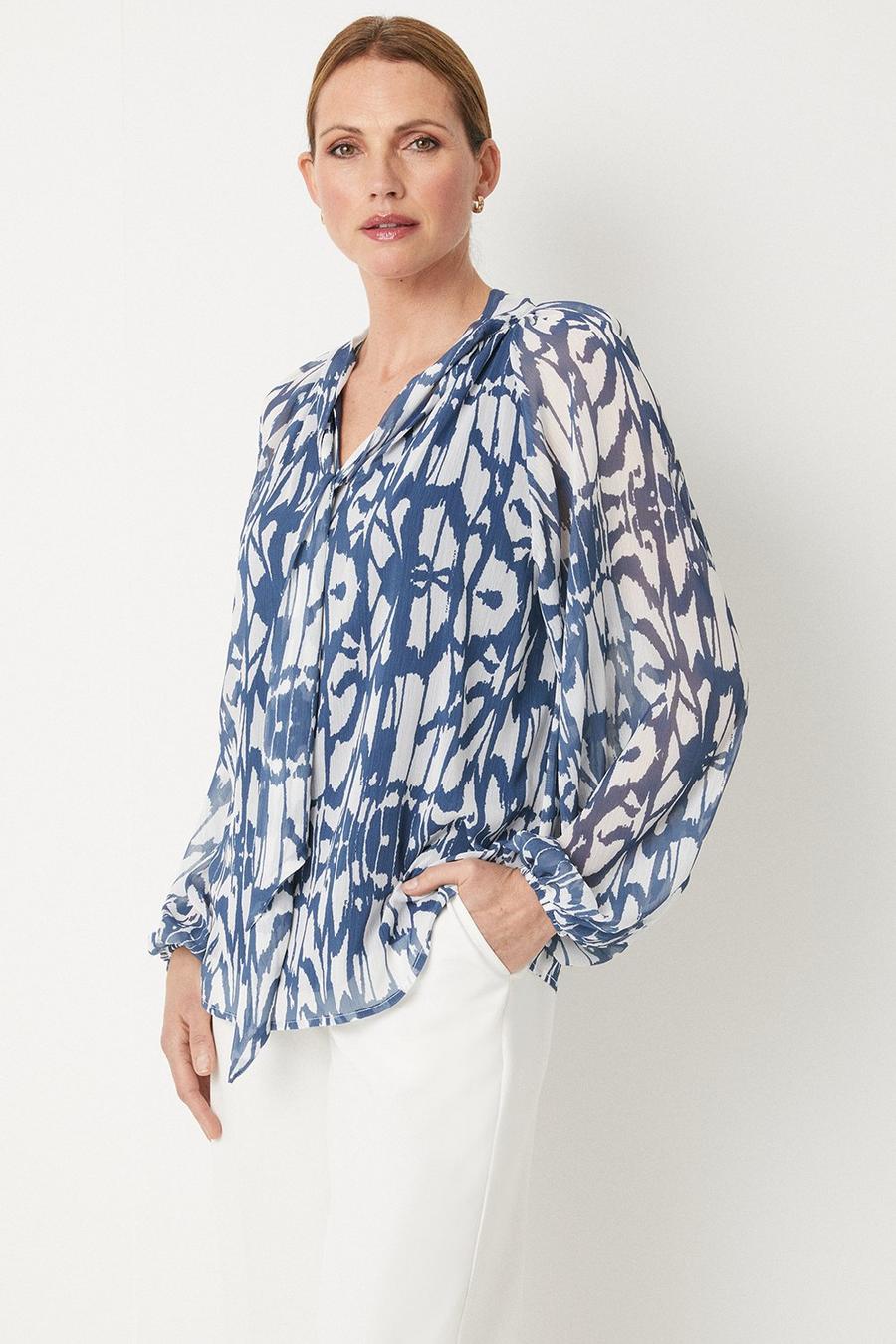 Navy And Ivory Abstract Tie Neck Top