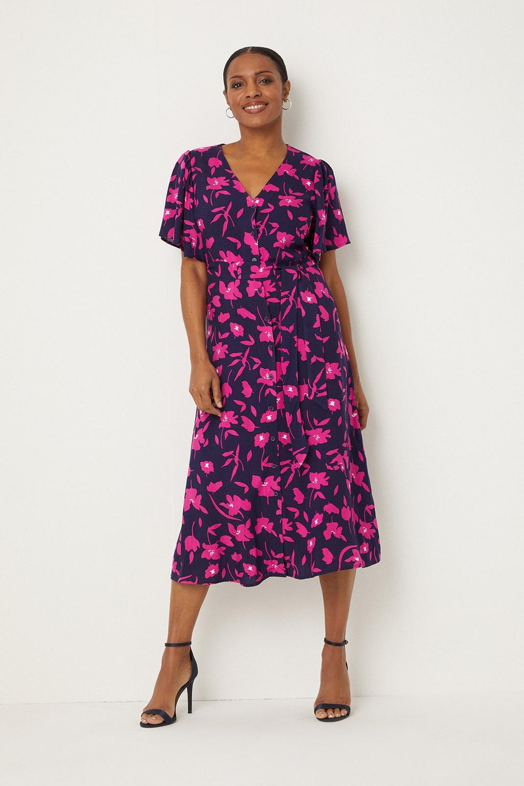 Navy And Pink Floral Button Through Midi Dress image number 1