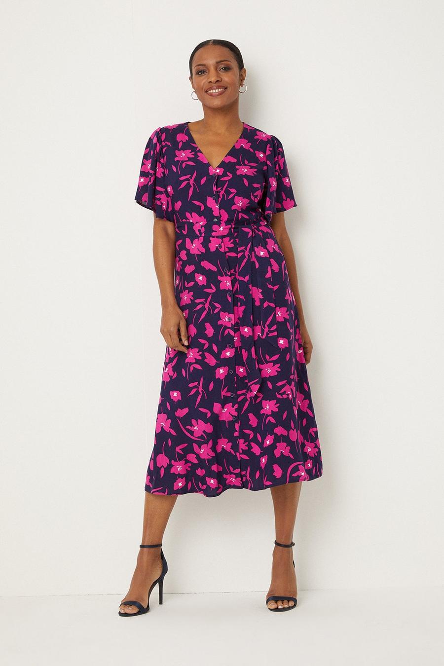Navy And Pink Floral Button Through Midi Dress