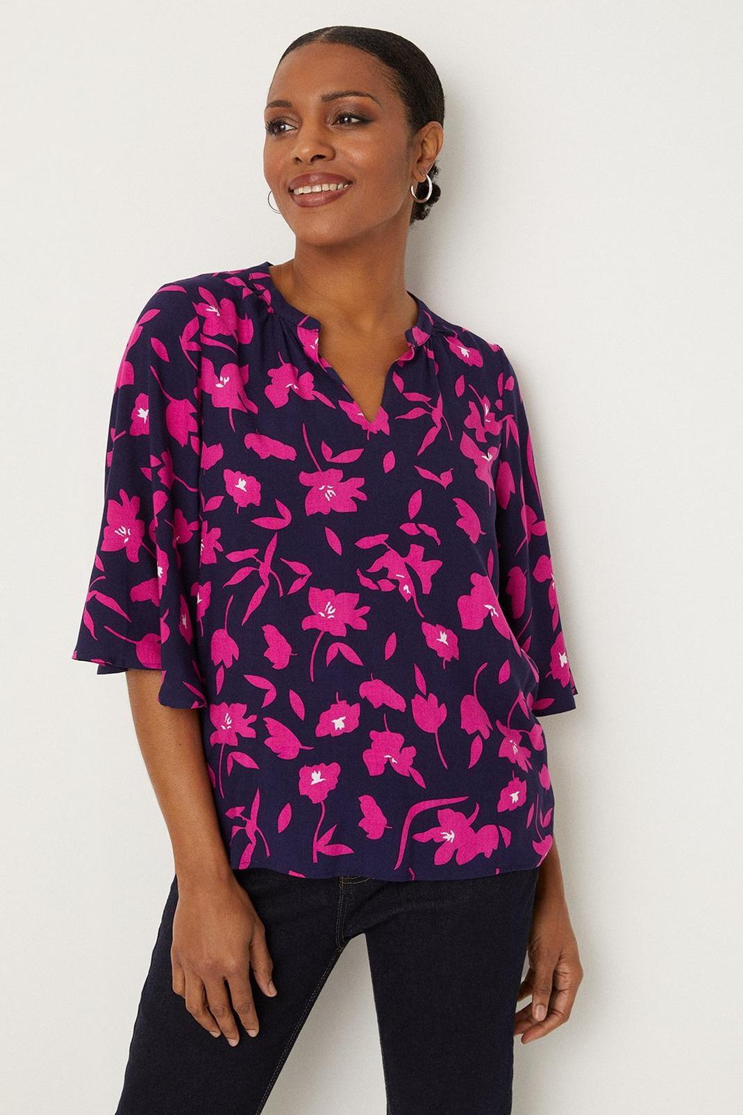 Navy And Pink Floral Flute Sleeve Blouse image number 1