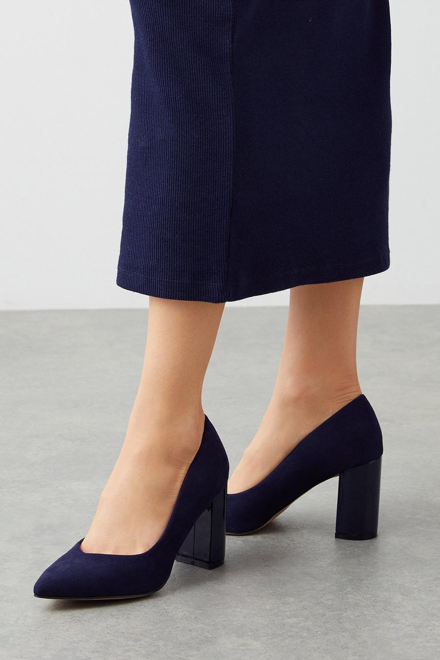 Wide Fit Elise Contrast Block Heeled Pointed Court Shoes