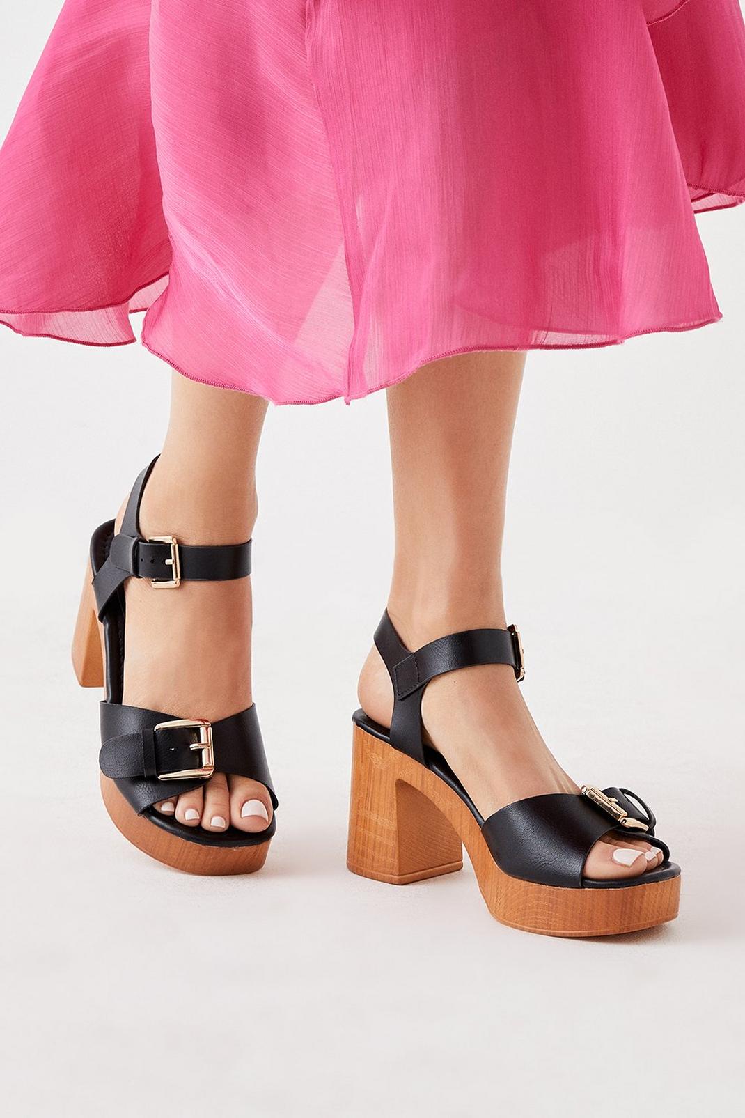Black Sunny Two Part Buckle Detail Platform Clog Heeled Sandals image number 1