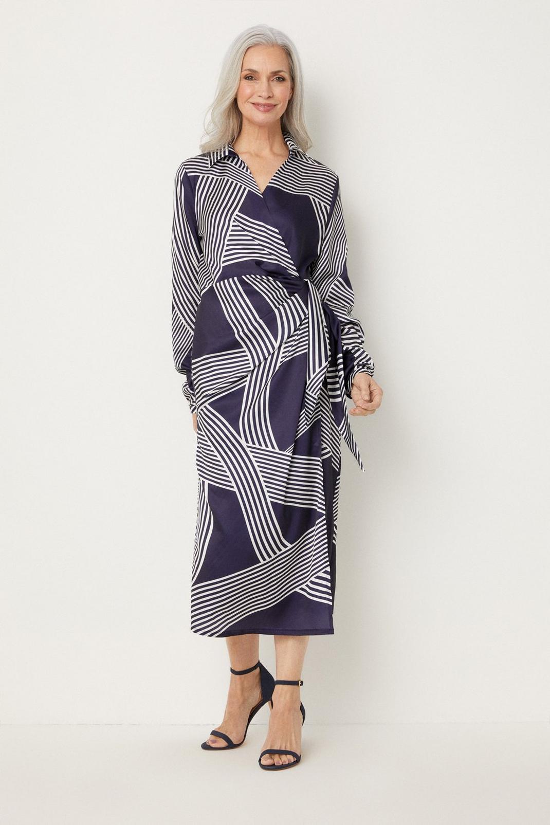 Tall Navy Abstract Stripe Print Tie Wrap Dress image number 1