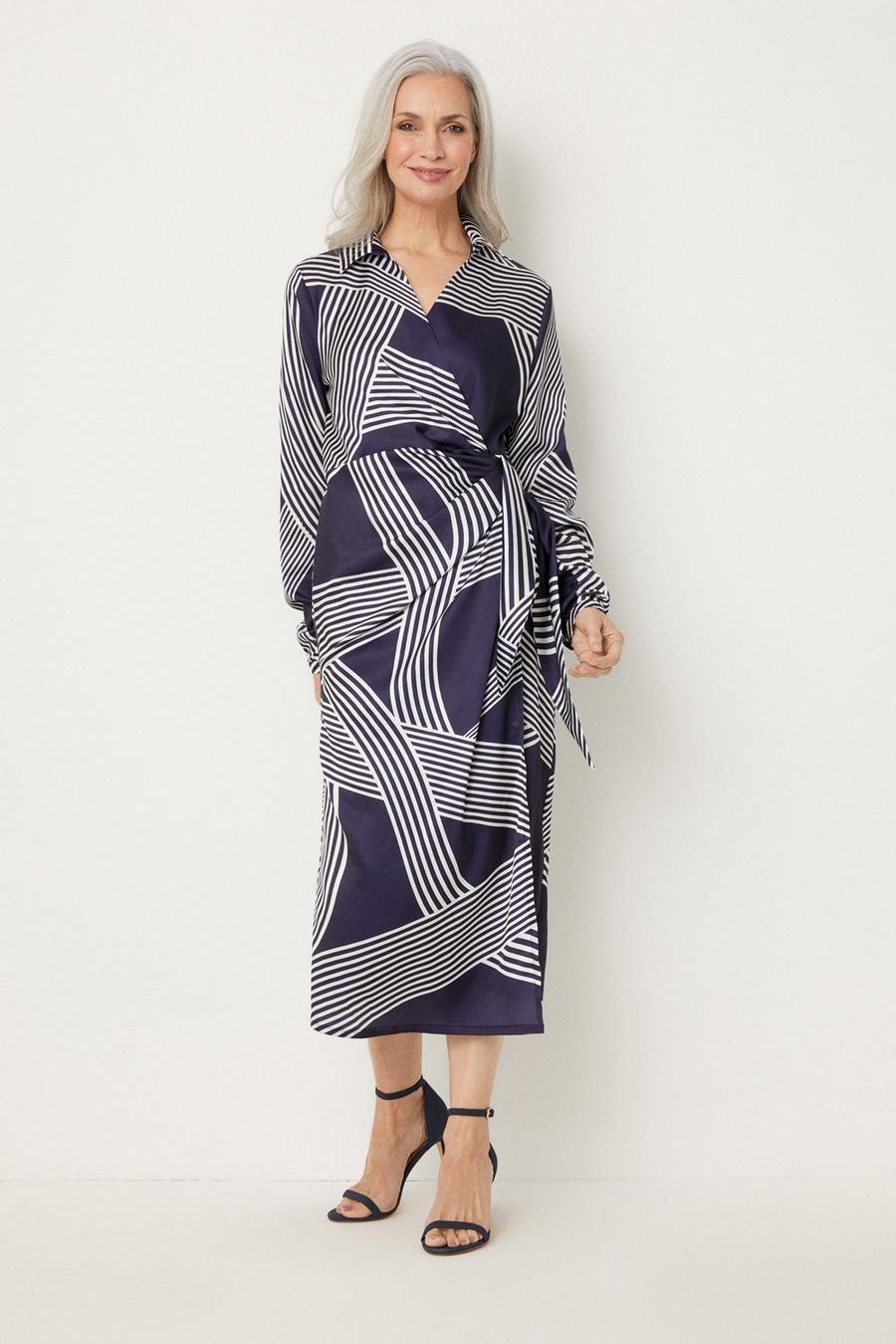 Tall Navy Abstract Stripe Print Tie Wrap Dress
