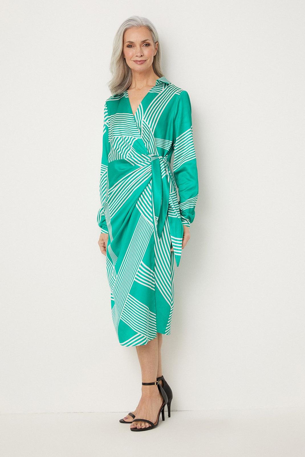 Green Abstract Stripe Tie Wrap Dress image number 1