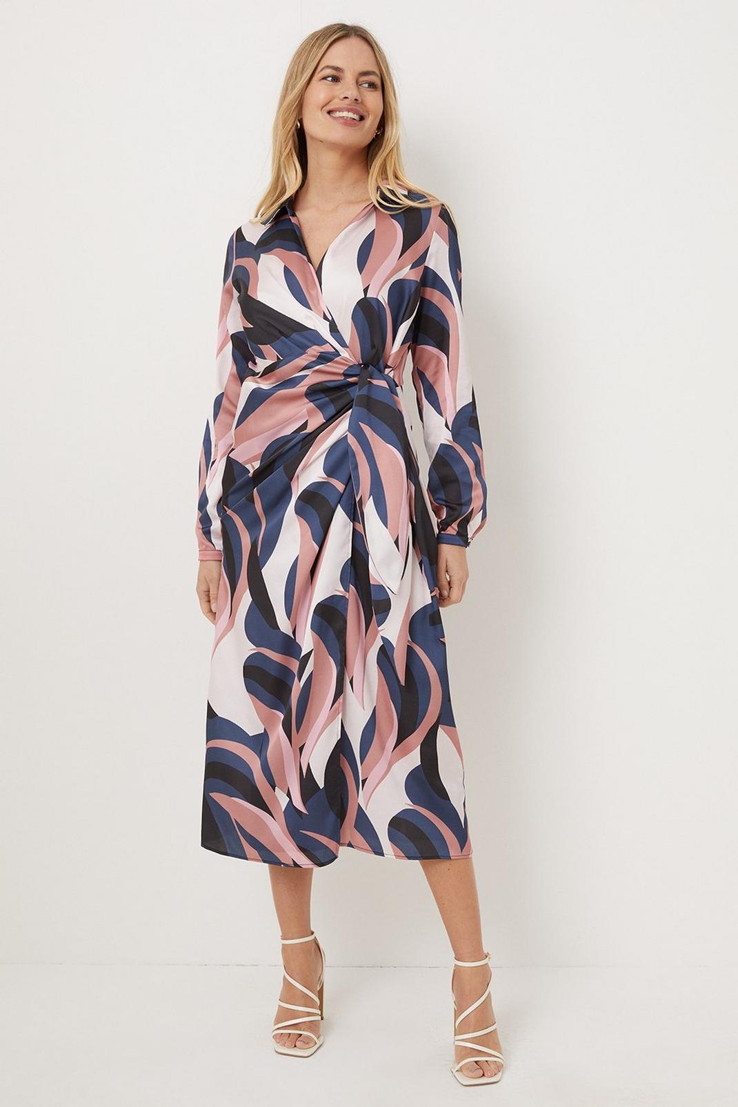 Navy Petite Blush Swirl Geo Satin Print Dress image number 1