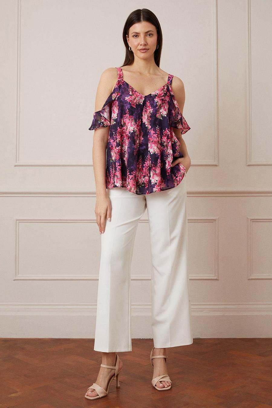 Floral Printed Jacquard Ruffle Cold Shoulder Top