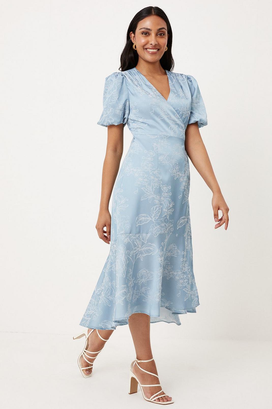 Blue Petite Jacquard Floral Puff Sleeve Wrap Midi Dress image number 1