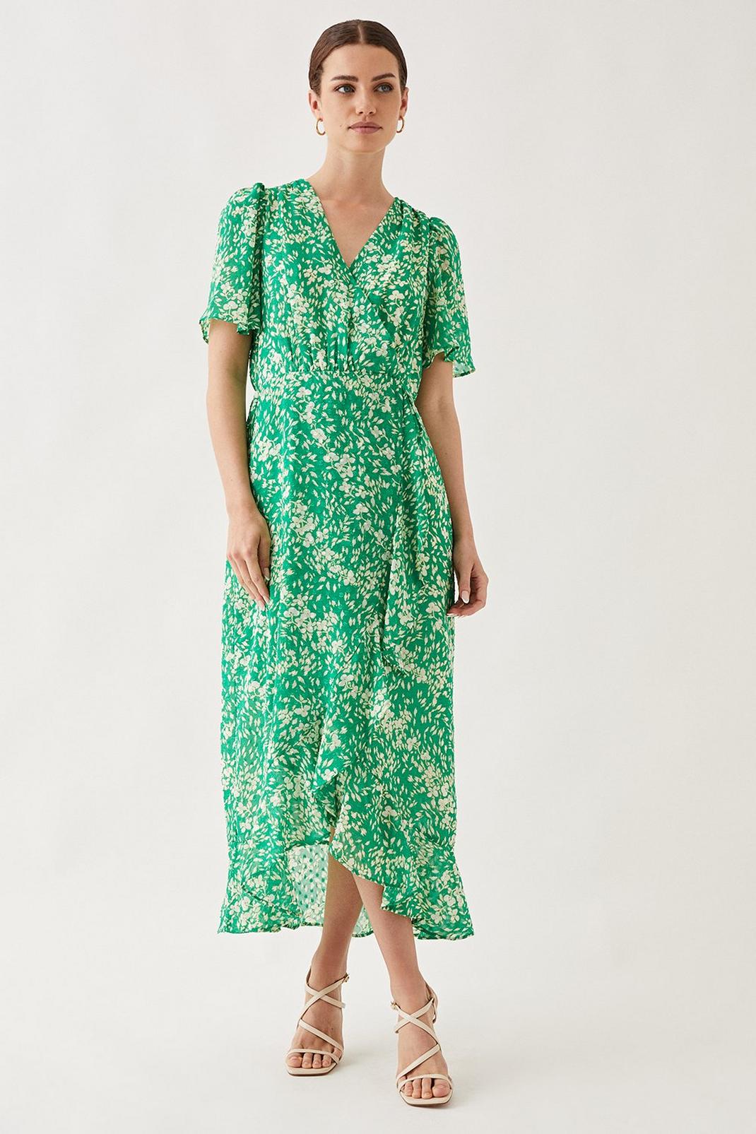 Green Petite Floral Dobby Ruffle Wrap Midi Dress image number 1