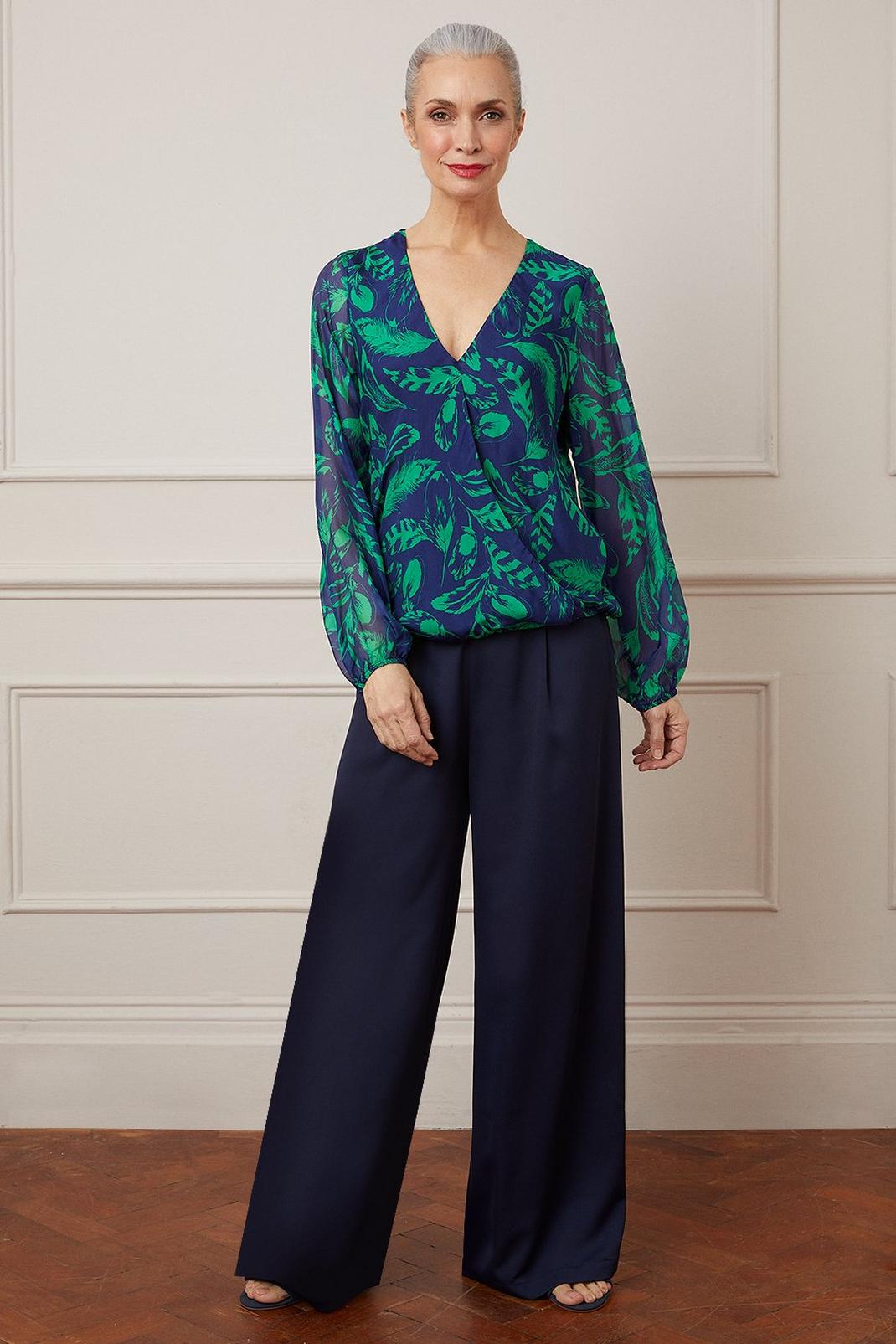 Green Silk Mix Feather Print Wrap Top image number 1