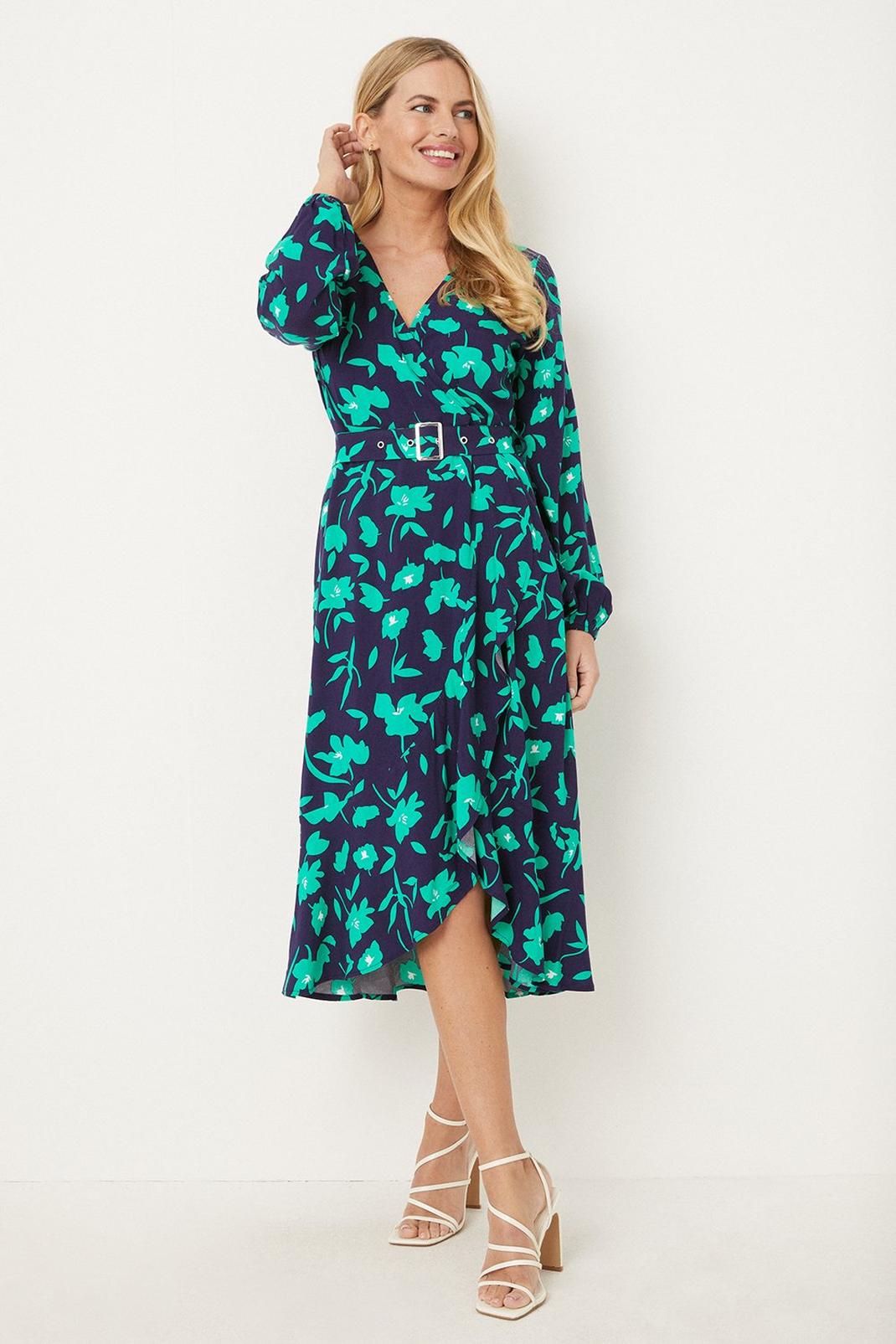 Navy Petite Green Stencil Floral Belted Midi Wrap Dress image number 1