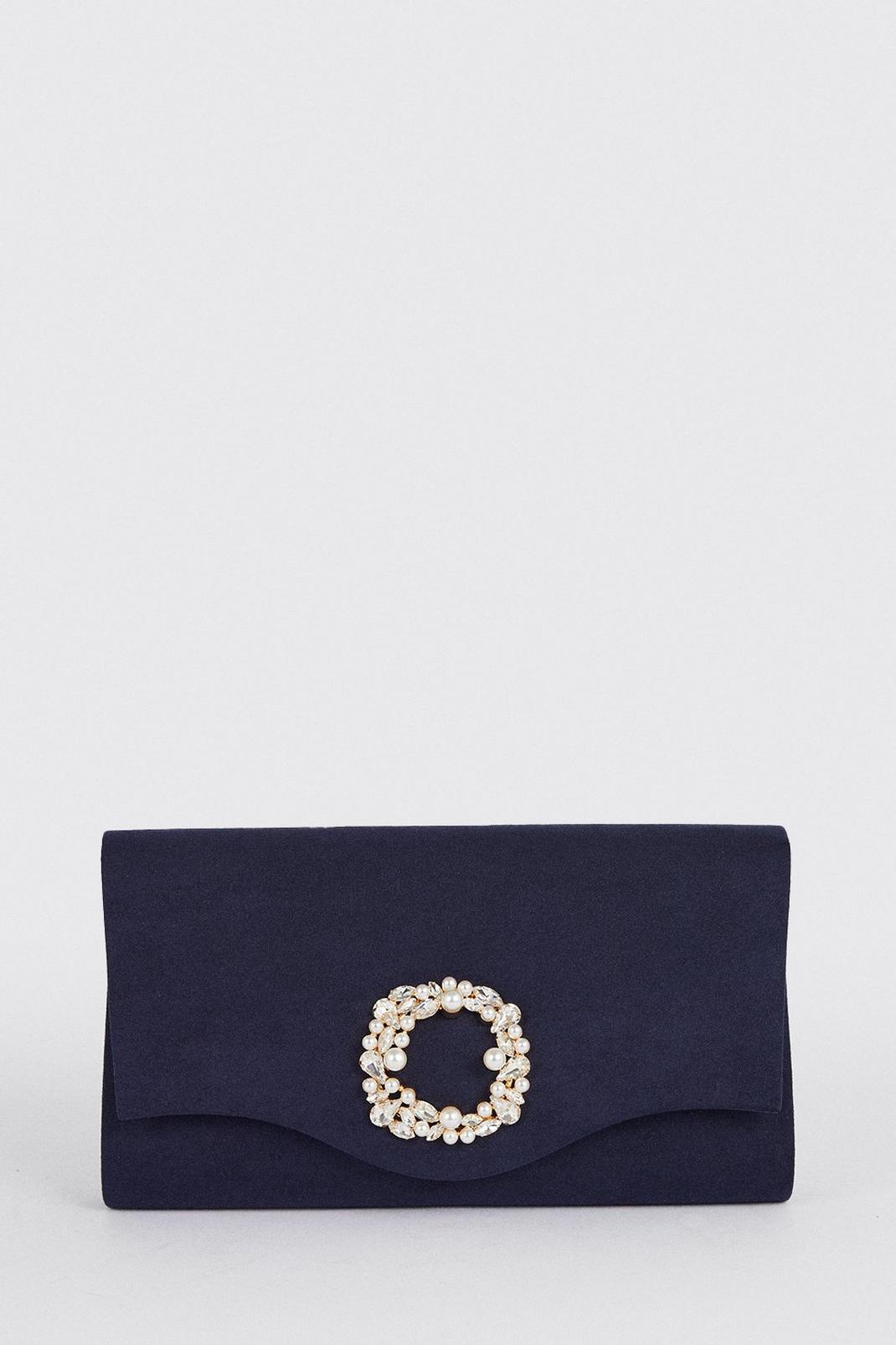 Dark navy Broach Detail Embellished Envelope Clutch Bag image number 1