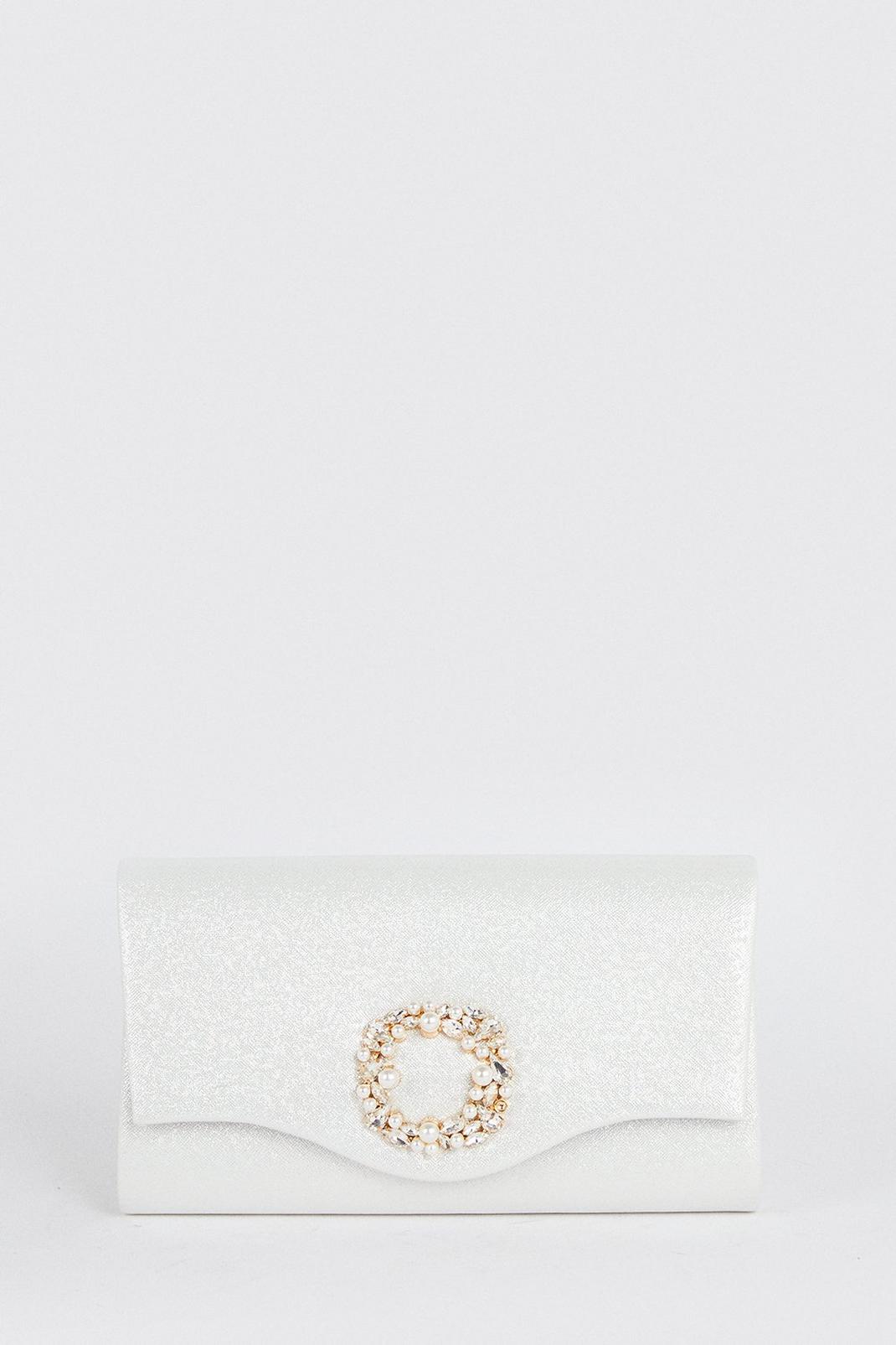 White Broach Detail Embellished Envelope Clutch Bag image number 1