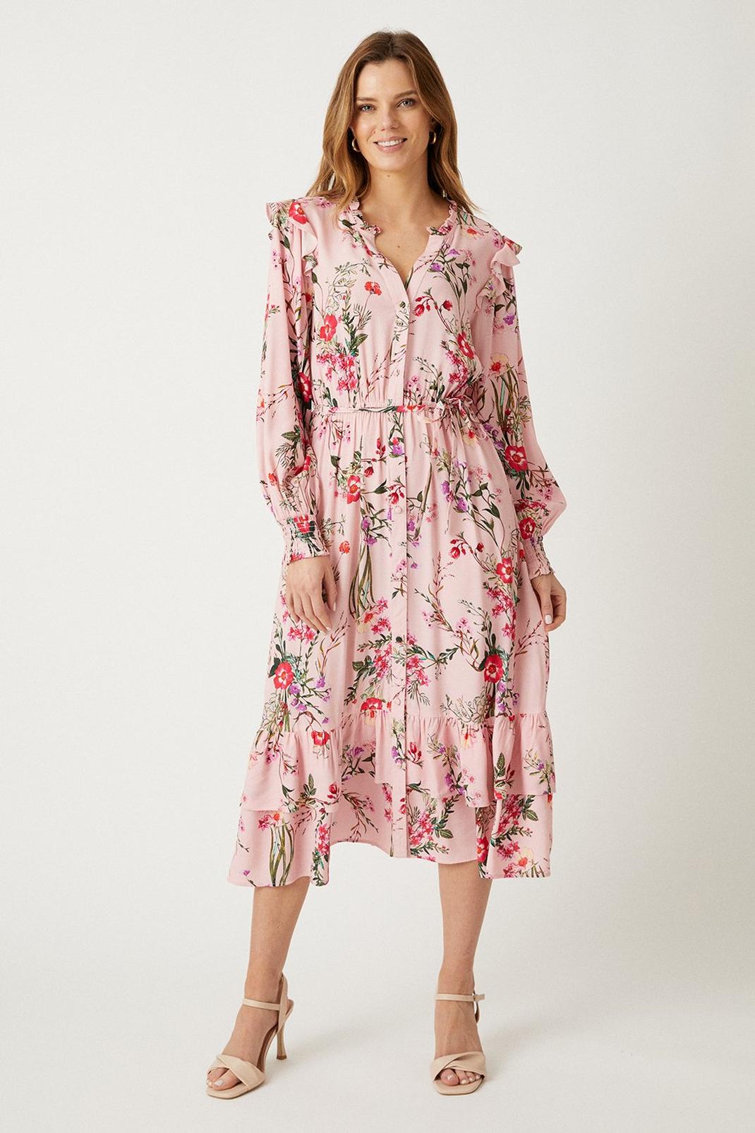 Blush Floral Button Through Midi Dress image number 1