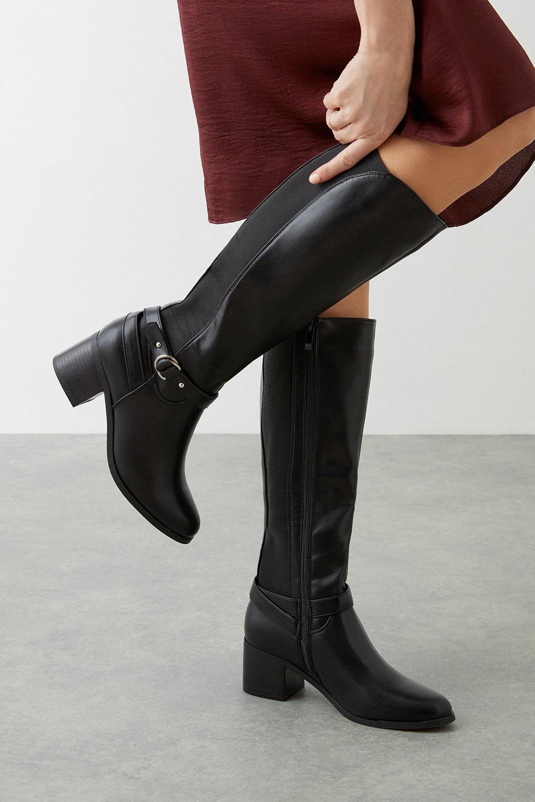 Black Harmony Ankle Strap Detail Knee High Boots image number 1
