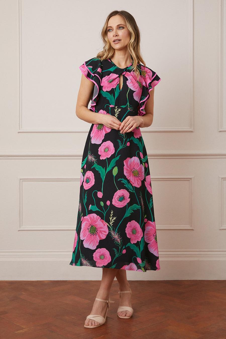 Poppy Print Ruffle Sleeve Midi Dress