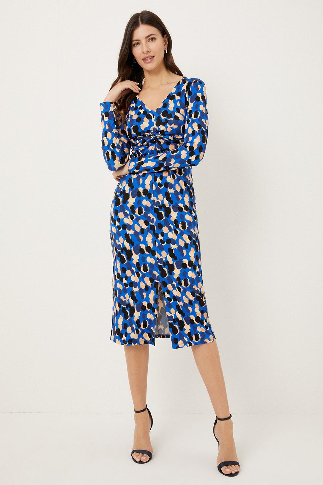 Blue Abstract Spot Twist Front Jersey Dress image number 1