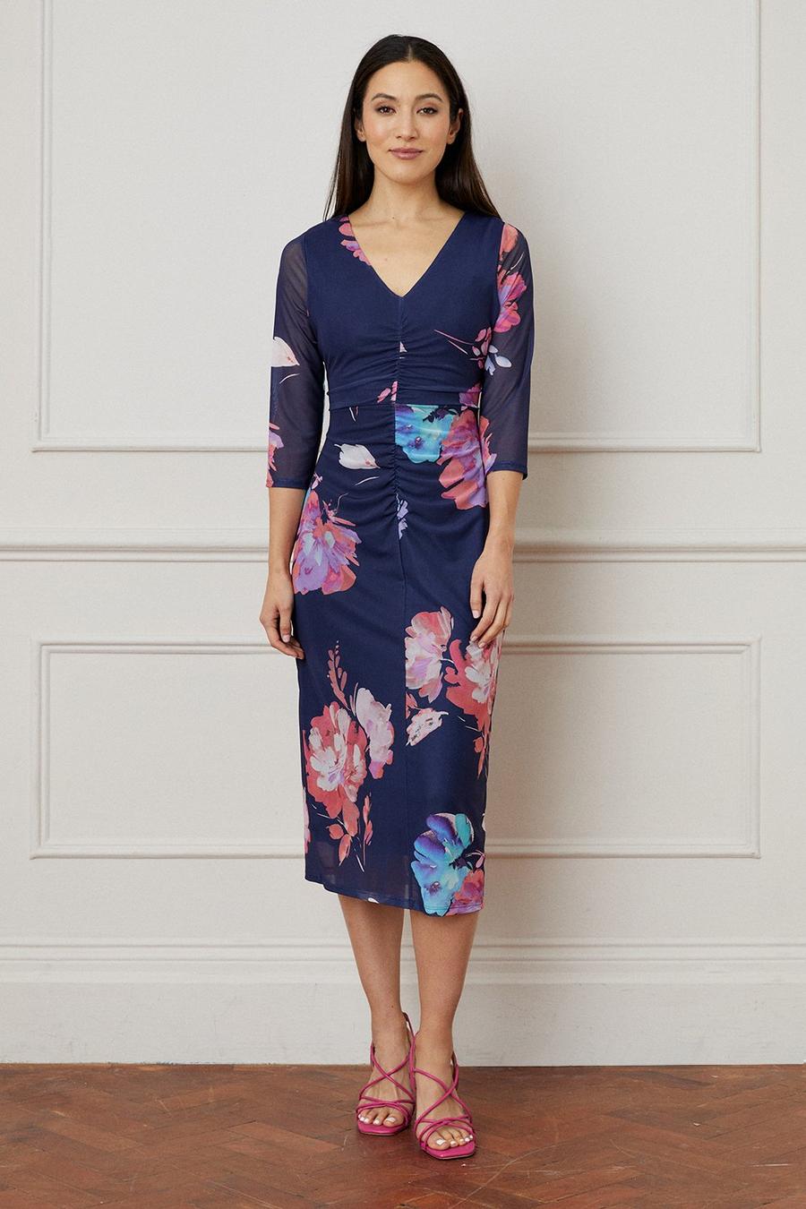 Floral Mesh Ruched Front Midi Dress
