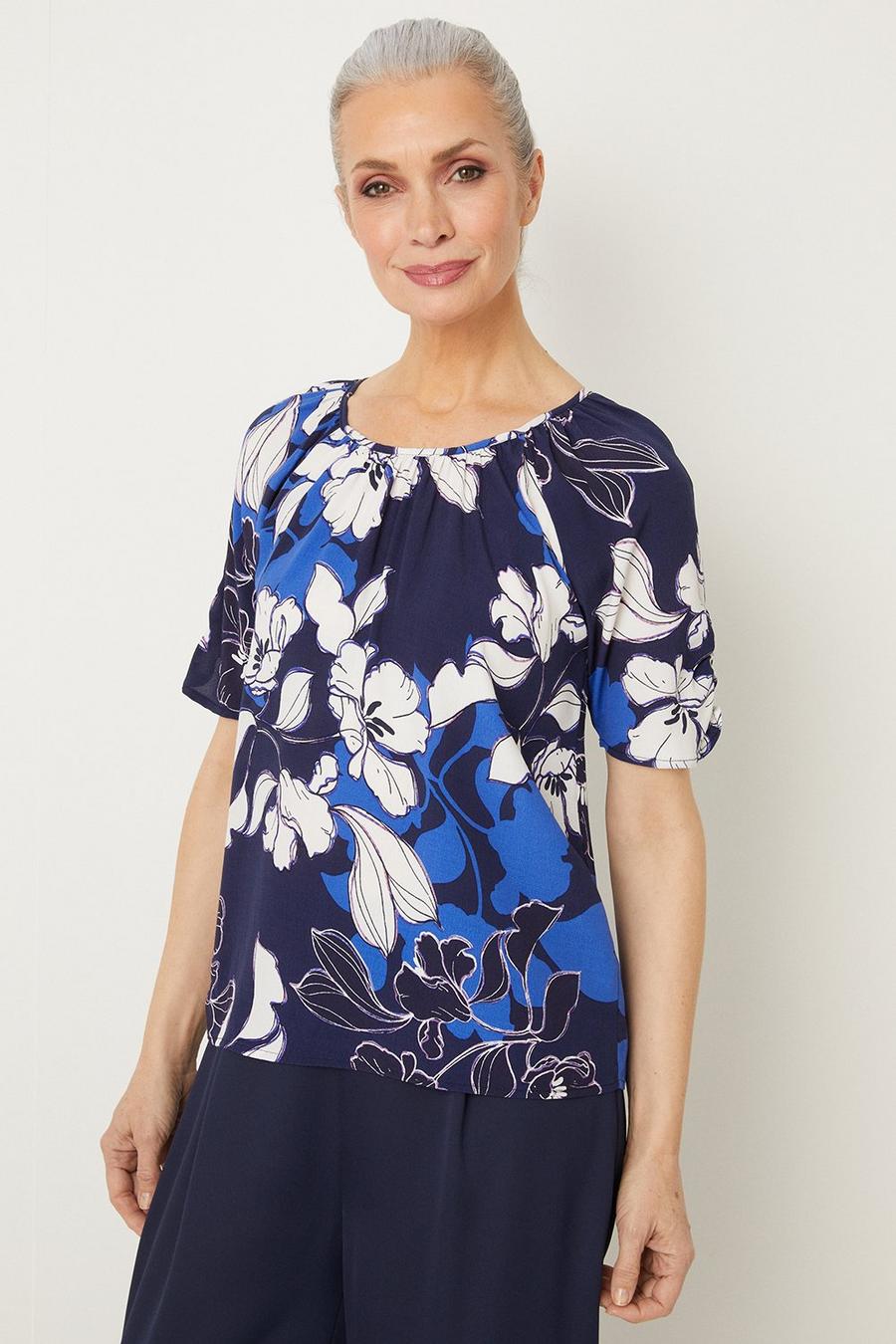 Blue Stencil Floral Woven Shell Top